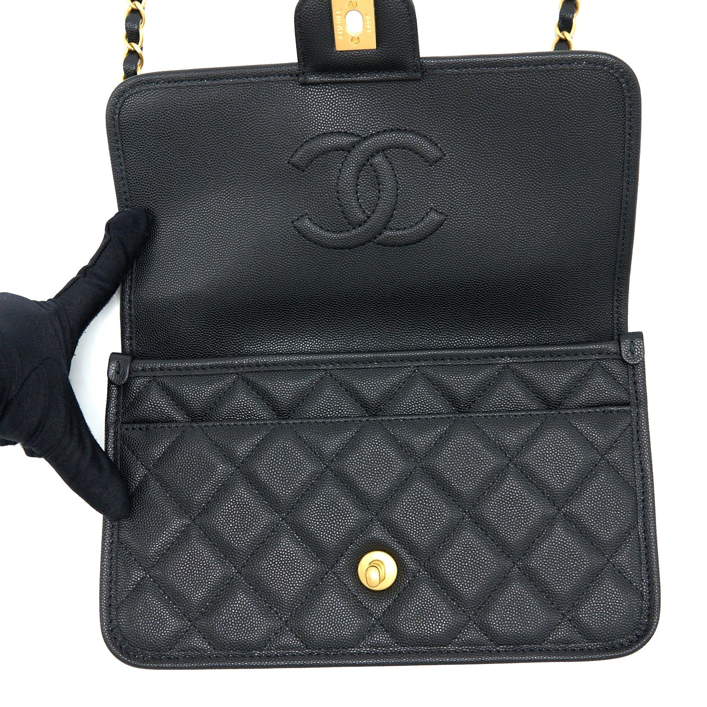 Chanel 22K Top Handle Messenger Bag Caviar Black Brushed  (Microchip)