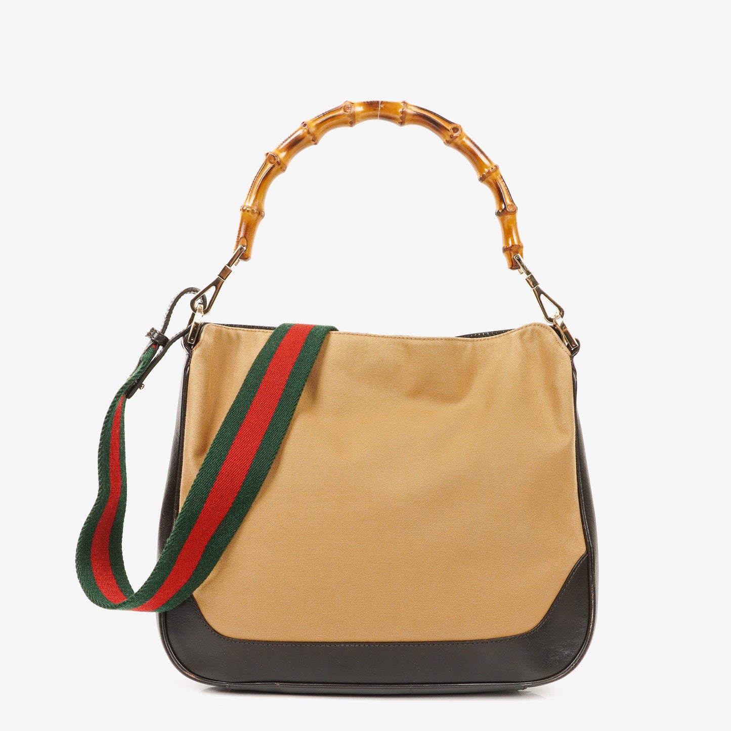 Gucci Bamboo Top Handle Beige Canvas Brown Lerahter Hobo Bag