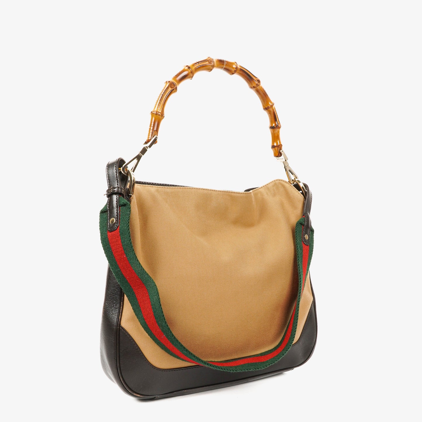 Gucci Bamboo Top Handle Beige Canvas Brown Lerahter Hobo Bag
