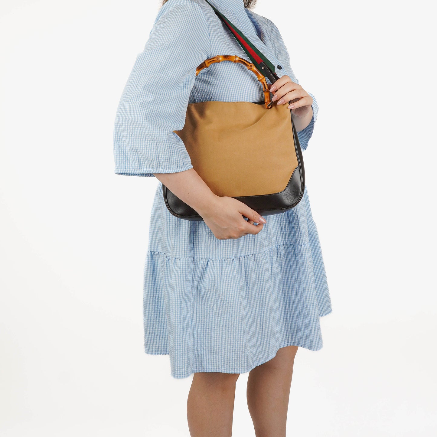 Gucci Bamboo Top Handle Beige Canvas Brown Lerahter Hobo Bag