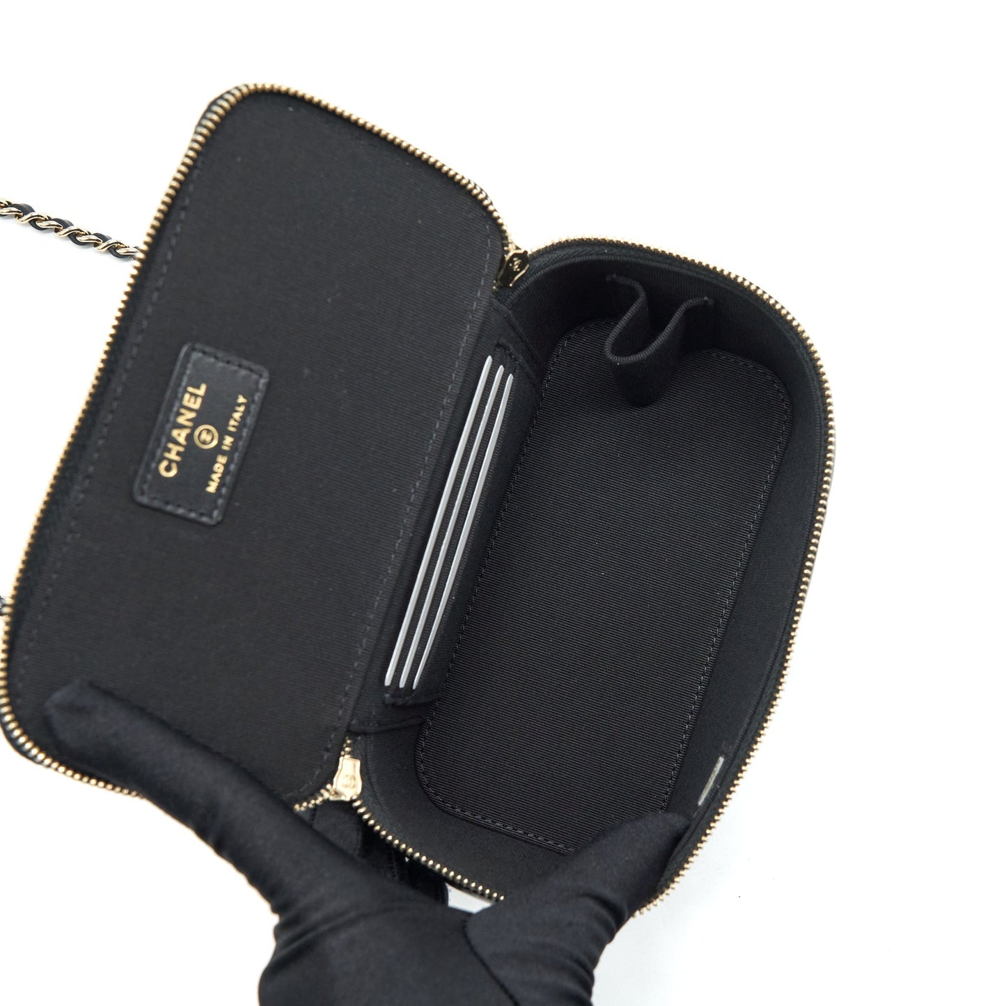 Chanel Top Handle Long Vanity With Chain Lambskin Black L