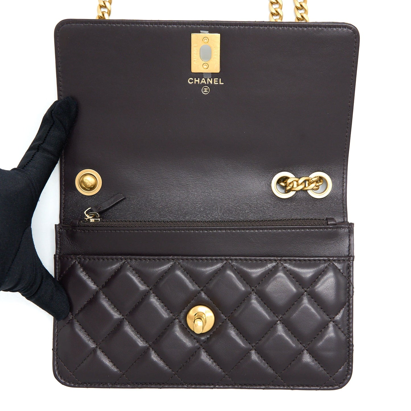 Chanel Gold Pillar Wallet On Chain Lambskin Dark Brown Brushed (Microchip)