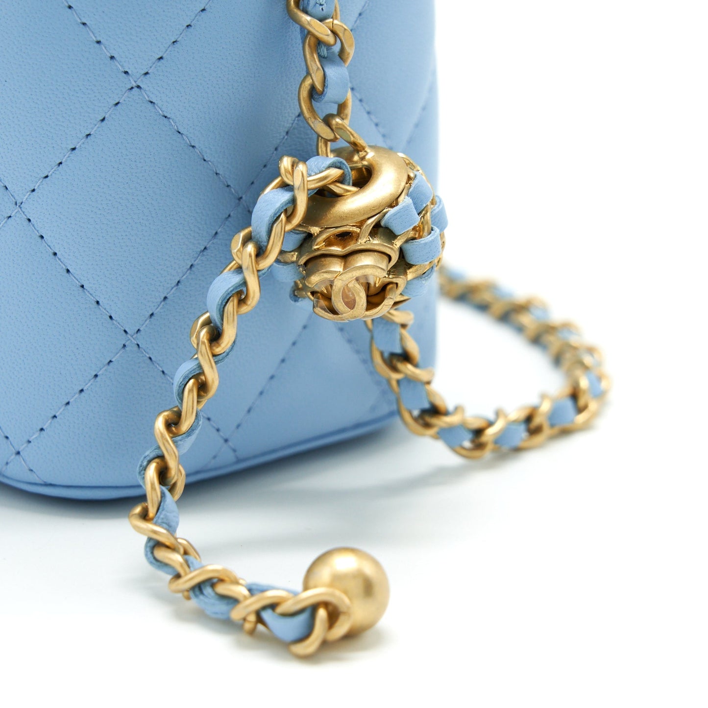 Chanel 22S Pearl Crush Long Vanity With Chain Lambskin Blue