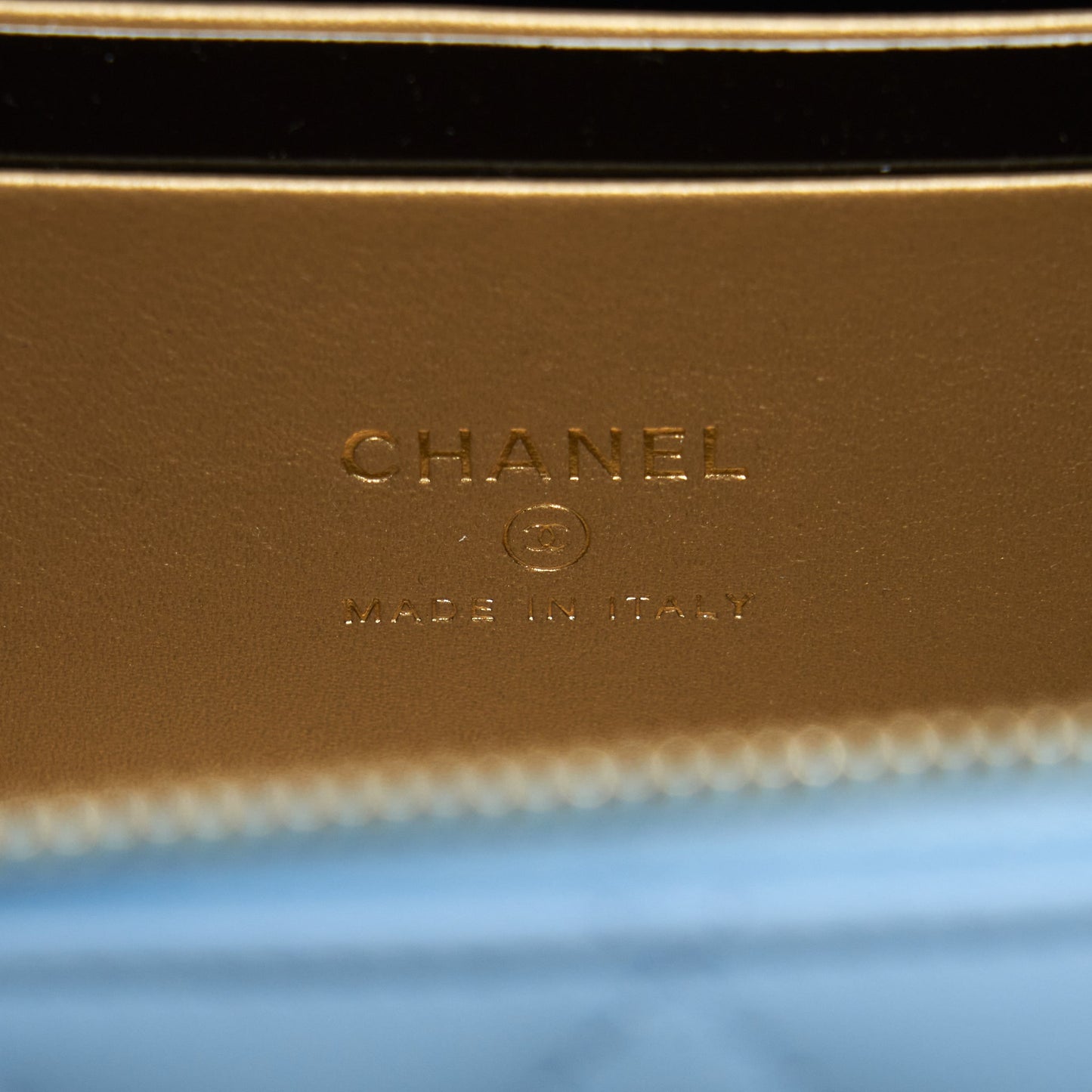 Chanel 22S Pearl Crush Long Vanity With Chain Lambskin Blue