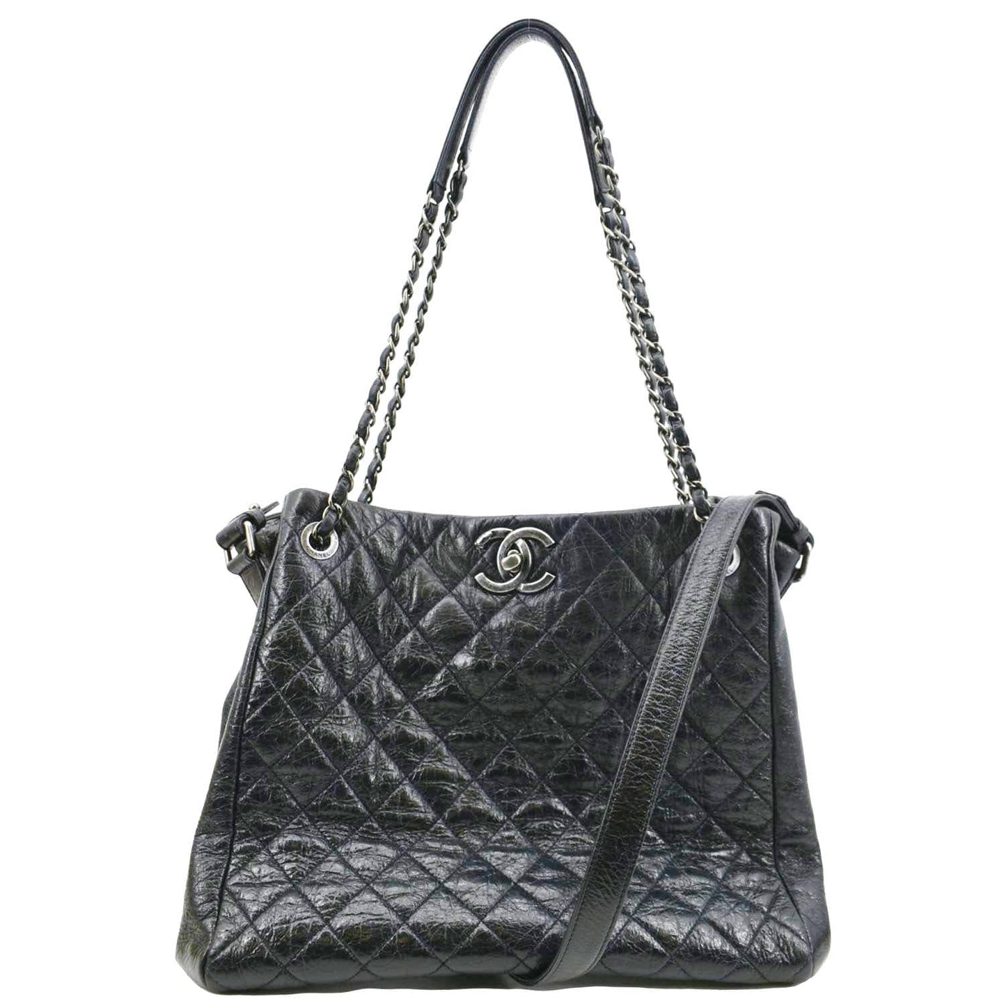 CHANEL Glazed Aged Calfskin Distressed Tote Shoulder Bag Blue