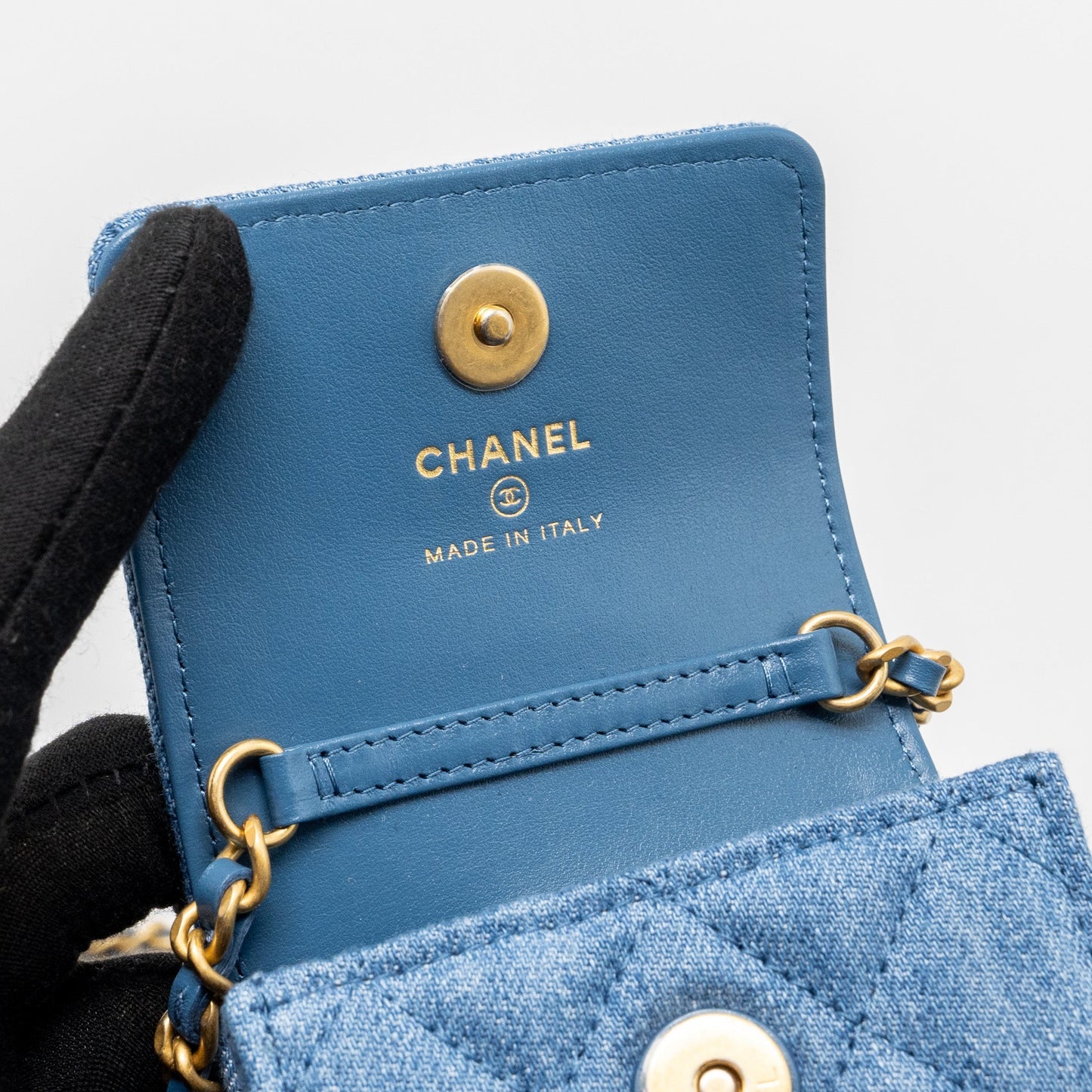 CHANEL Mini Vertical Flap Clutch With Chain Denim Blue  (microchip)