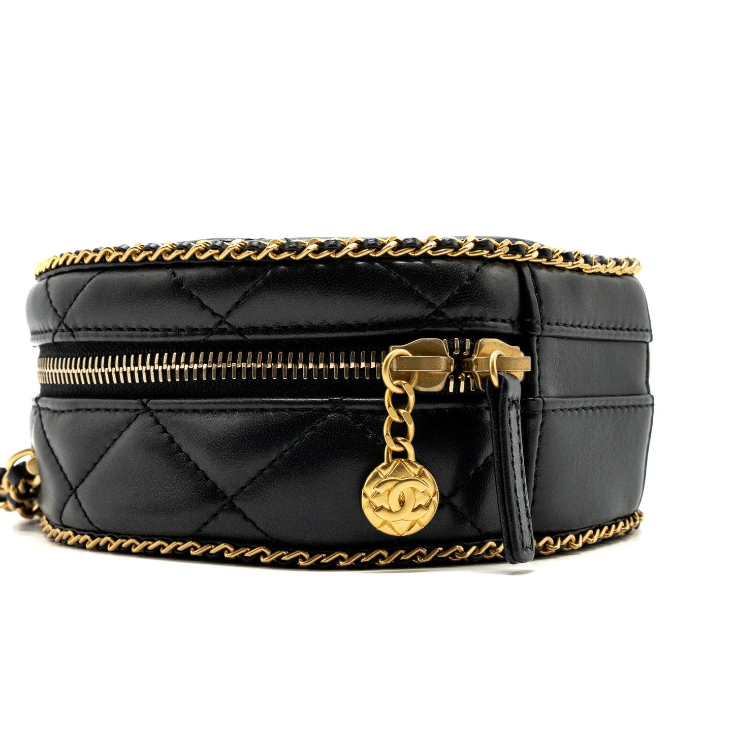 Chanel Round Vanity With Chain Lambskin Black  (microchip) no