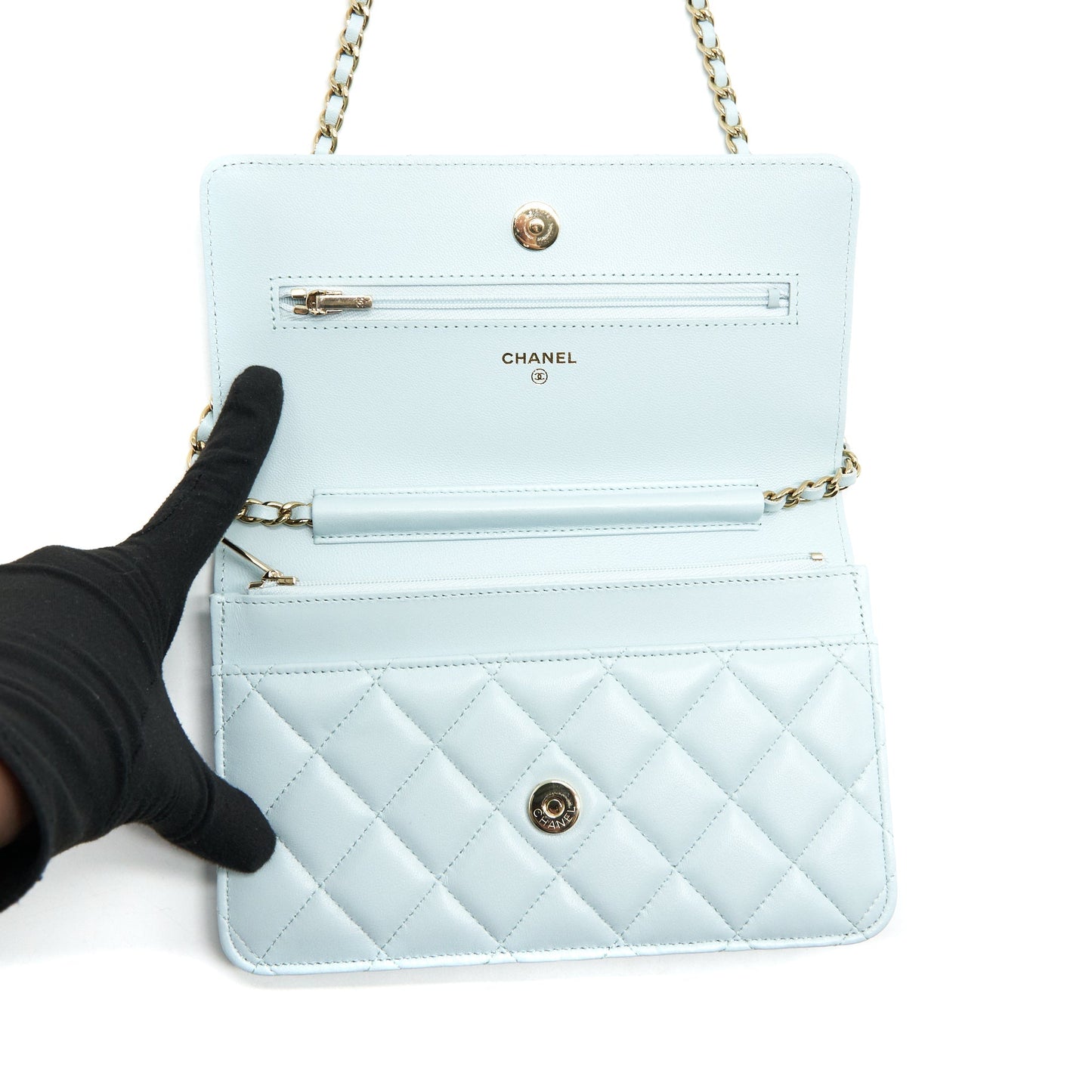 Chanel Ribbon Wallet on chain lambskin light blue L