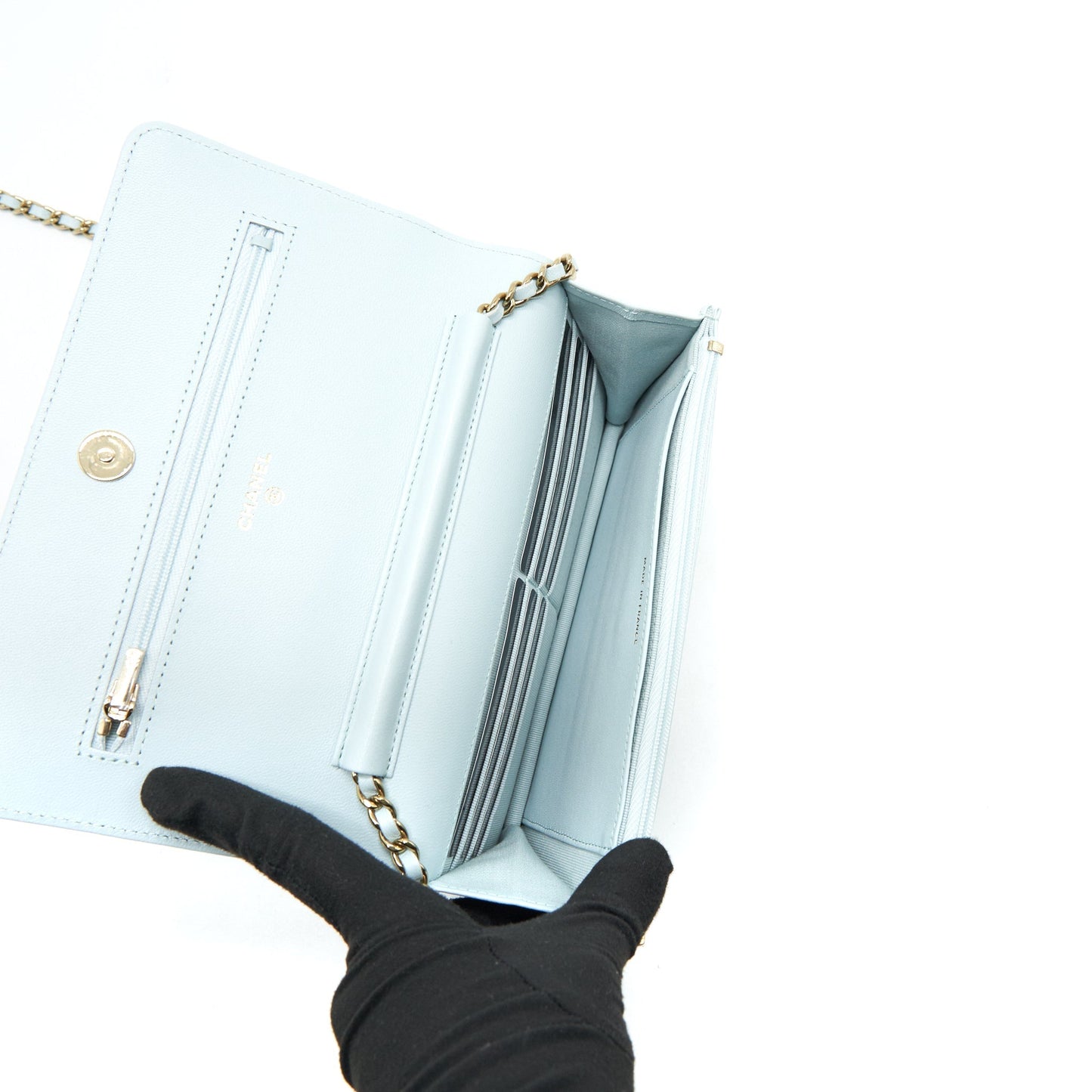 Chanel Ribbon Wallet on chain lambskin light blue L