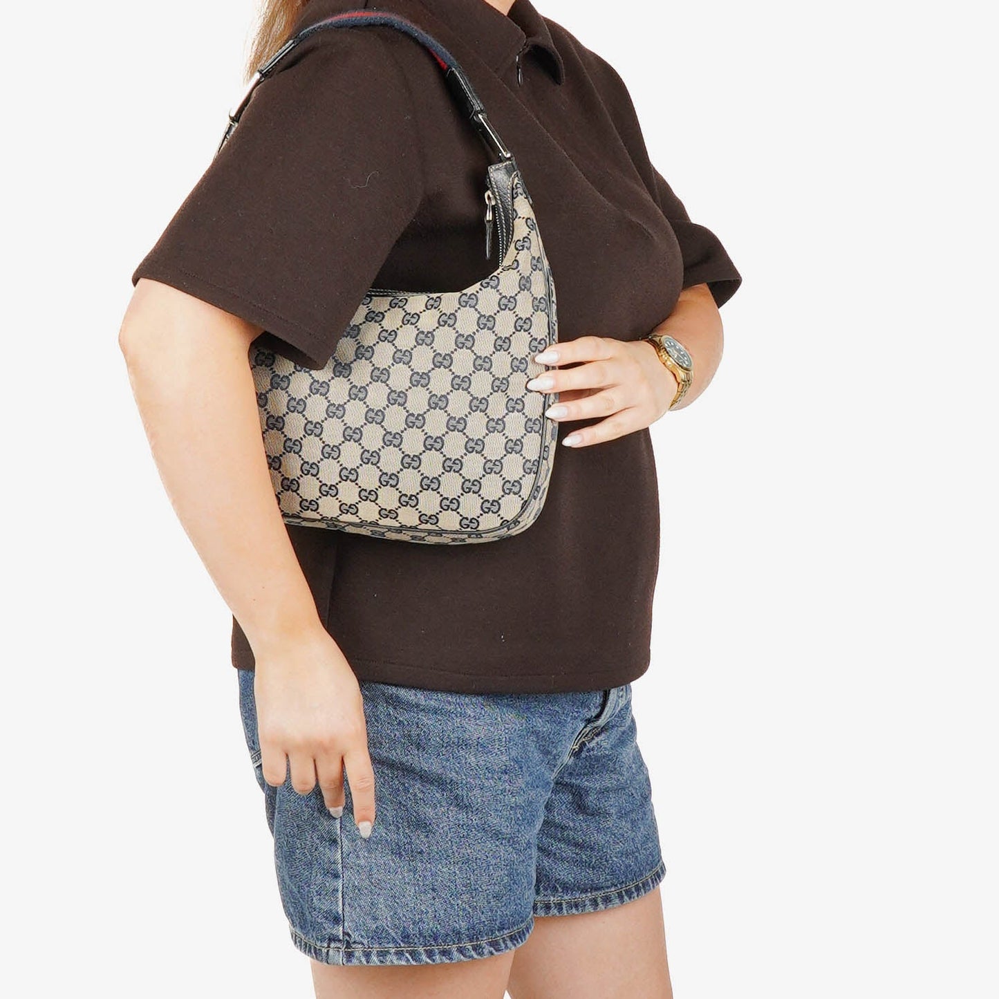 Gucci Monogram Canvas Beige/Navy Medium Pop Hobo Bag