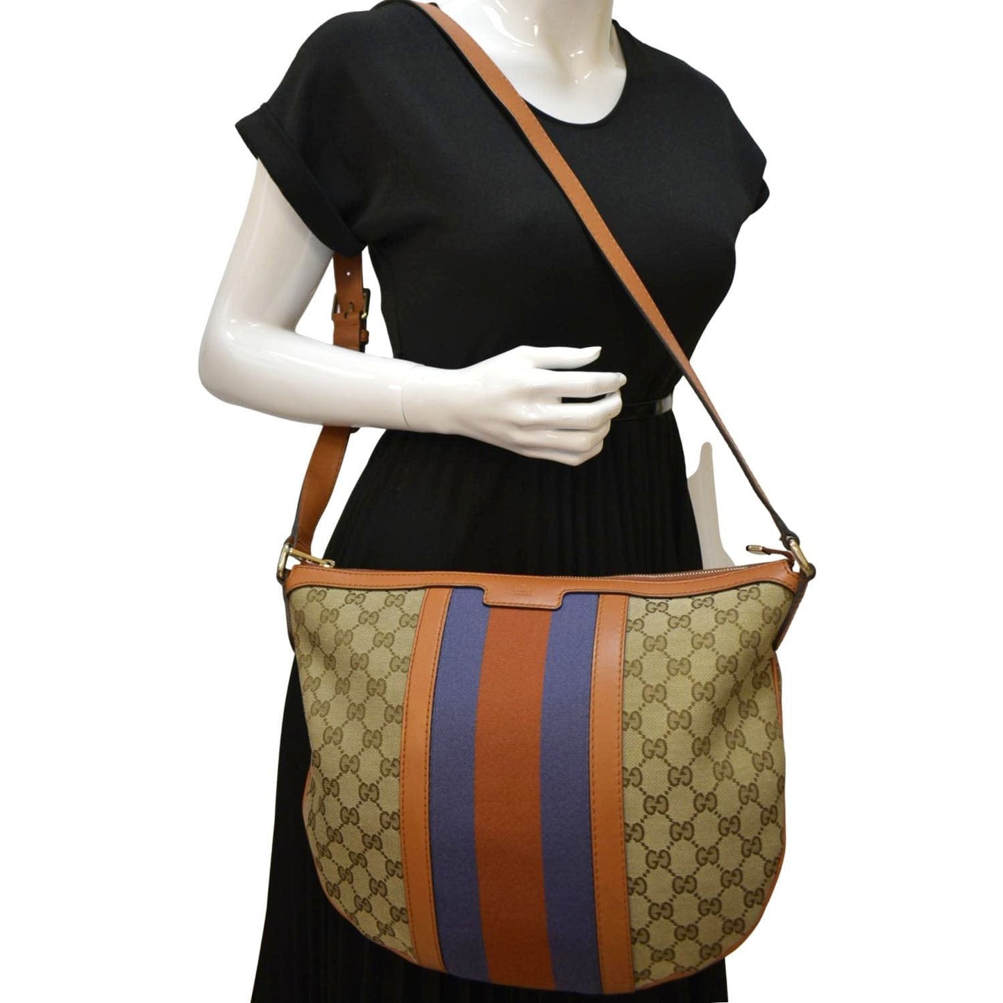 GUCCI Half Moon   Web GG Canvas Shoulder Bag Beige 257082