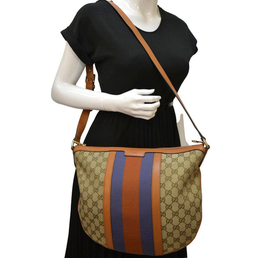 GUCCI Half Moon   Web GG Canvas Shoulder Bag Beige 257082