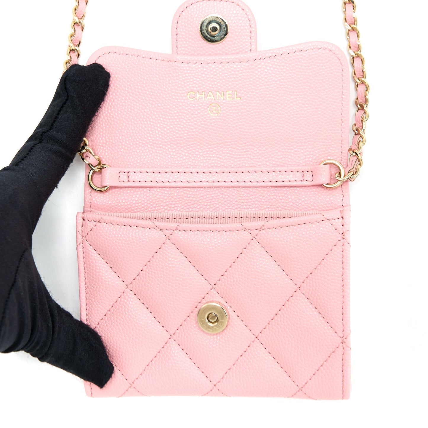 Chanel 22C Flap Card Holder with Chain Caviar Pink L