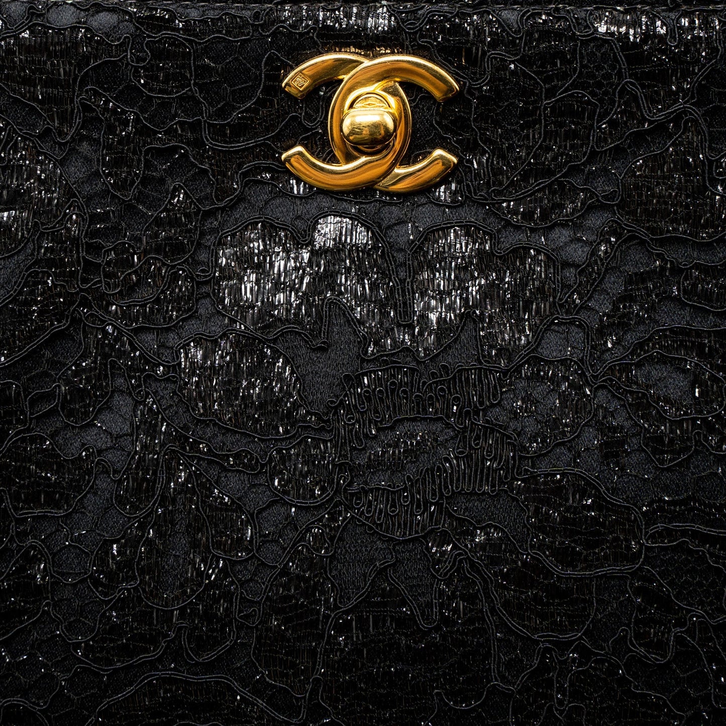 Chanel  Double Sided Tumlock Handbag Laced Satin Black