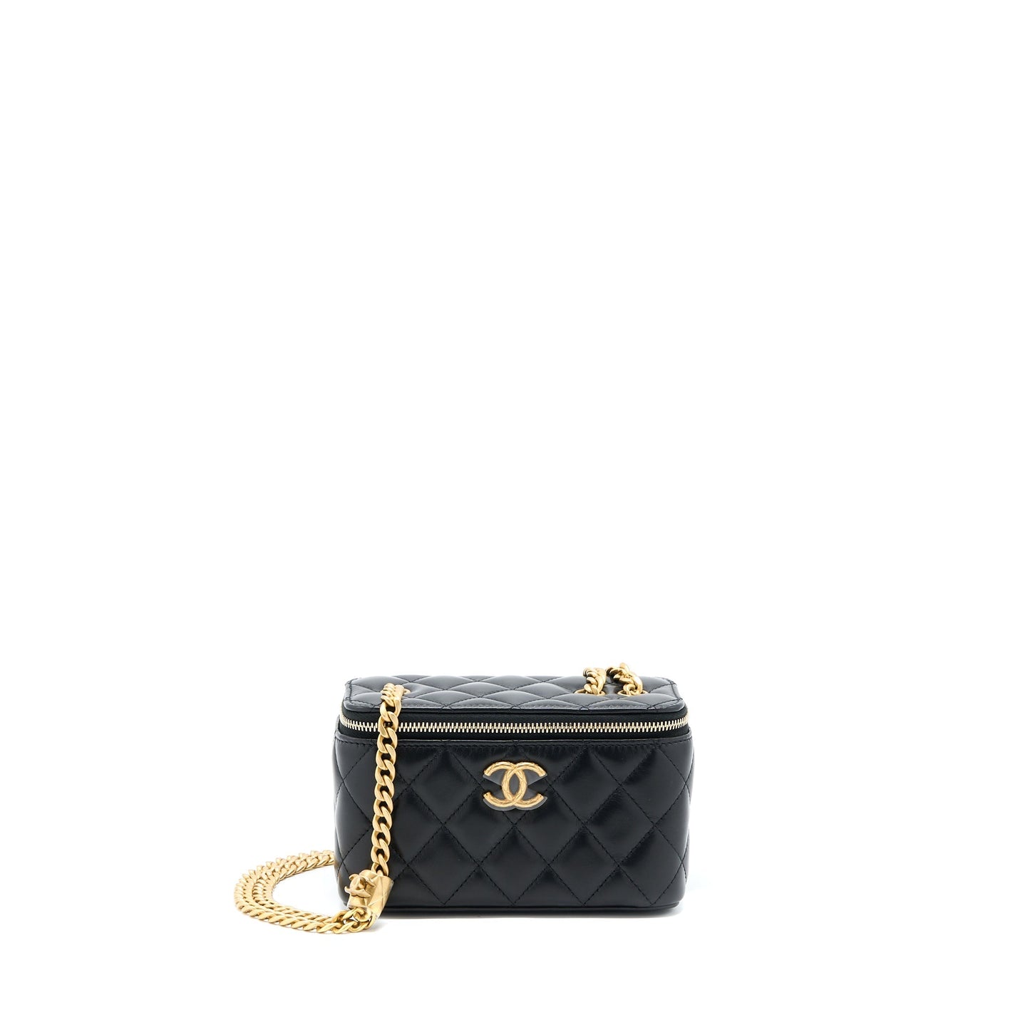 Chanel 22K Gold Pillar Adjustable Chain Long Vanity Lambskin Black  (Microchip)
