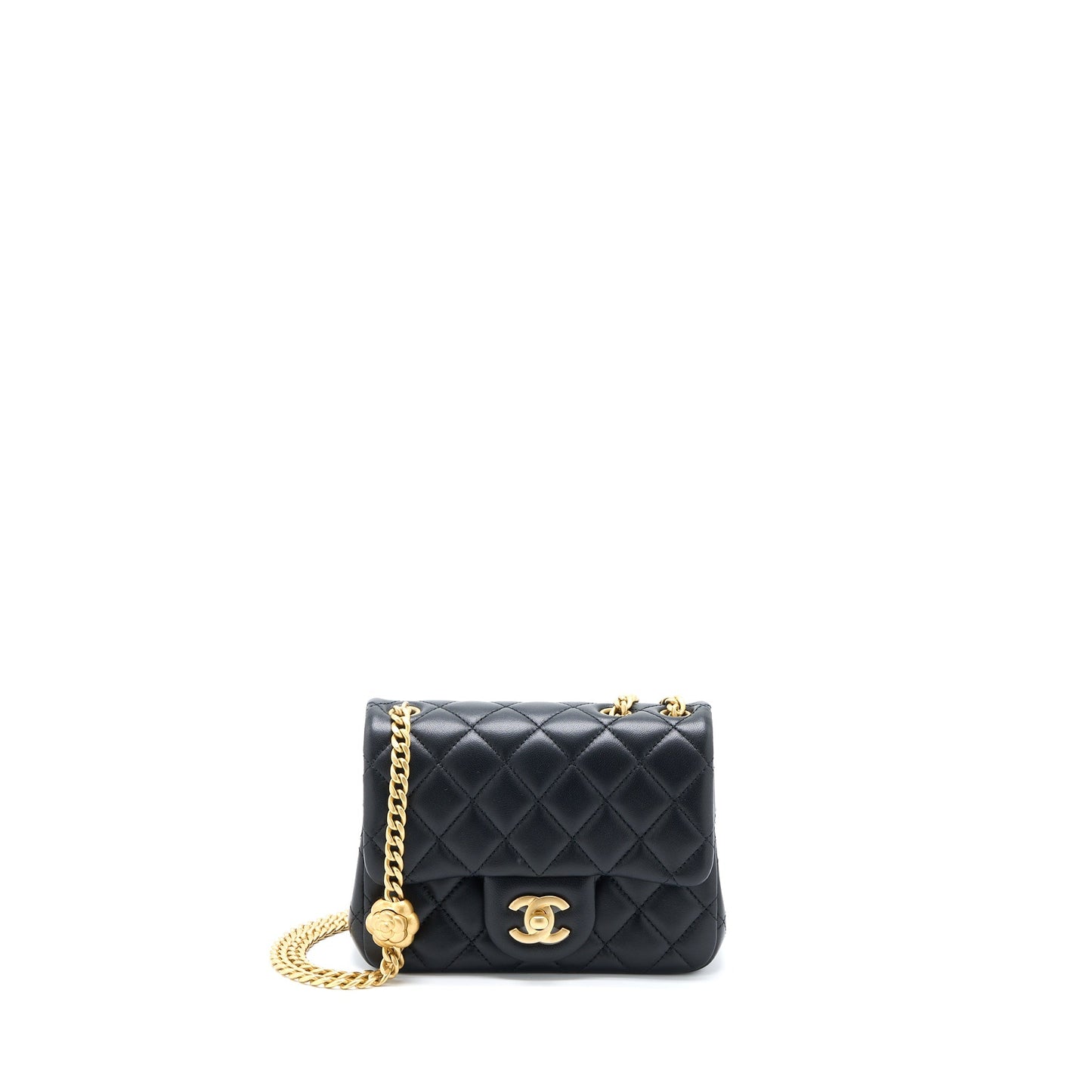 Chanel 23S Camellia Chain Mini Square Flap Bag Lambskin Black Brushed  (Microchip)