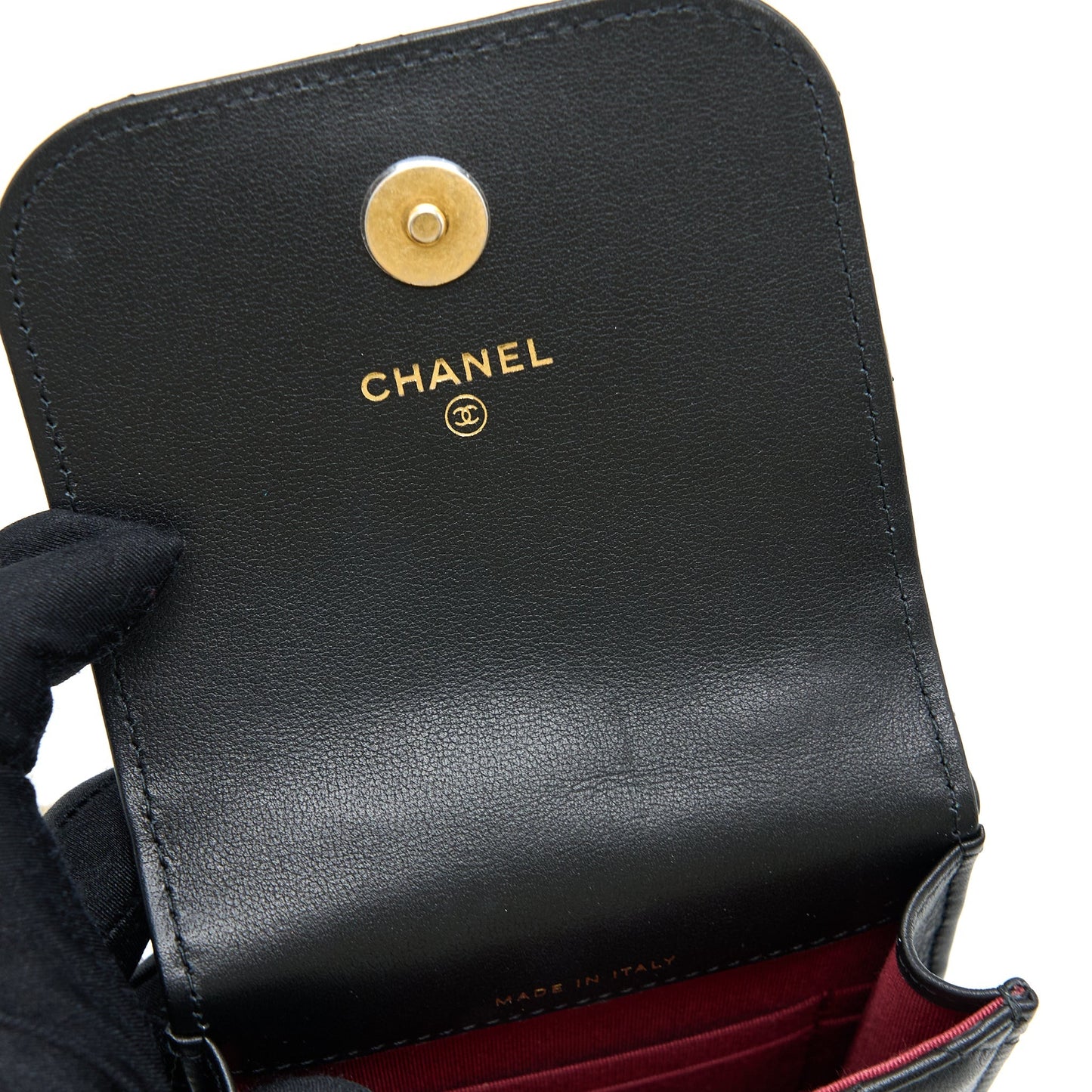 Chanel Vertical Flap Phone Pouch with Pearl Chain Lambskin Black Brushed
