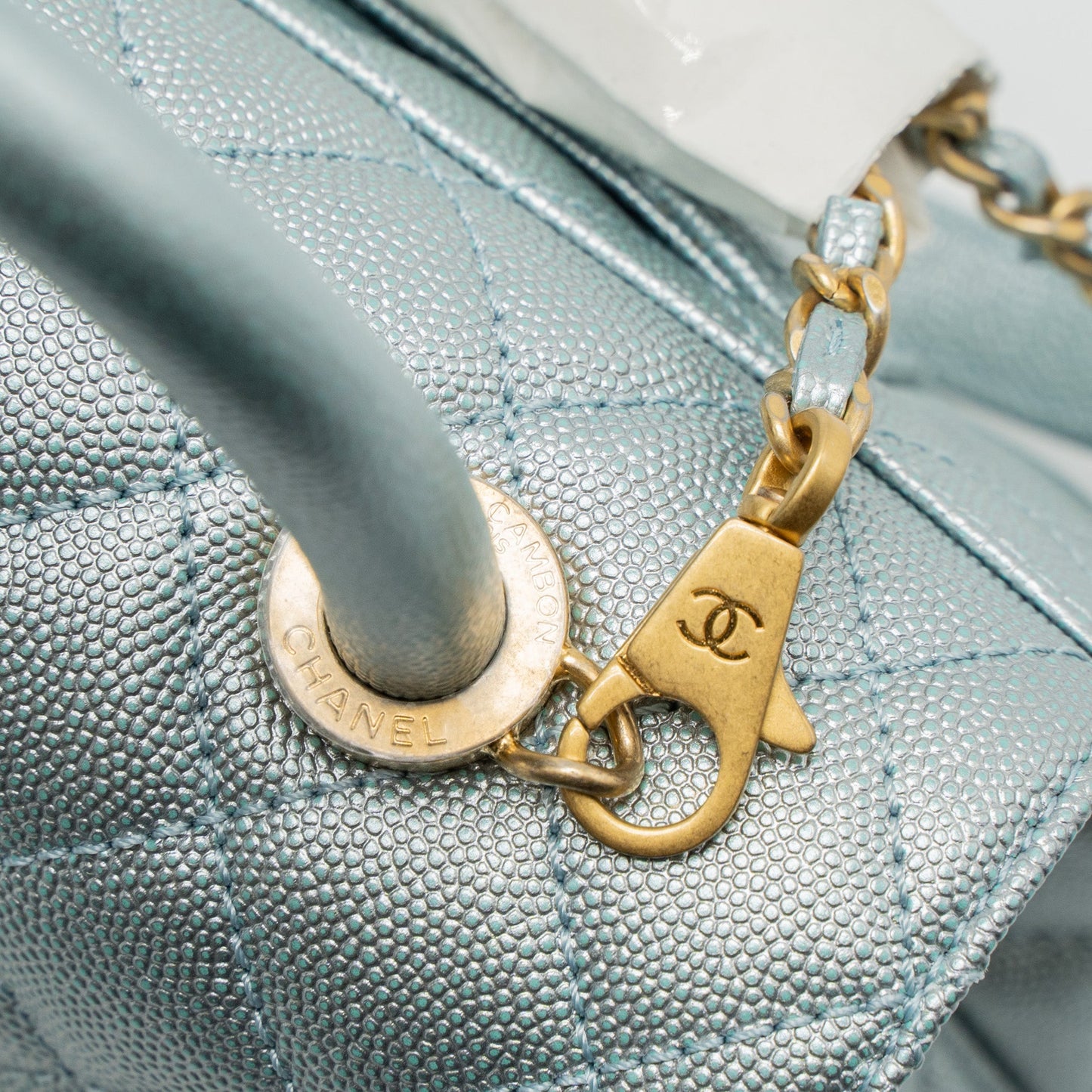 Chanel Small Coco Handle Caviar Metallic Light Blue Brushed  (Microchip)