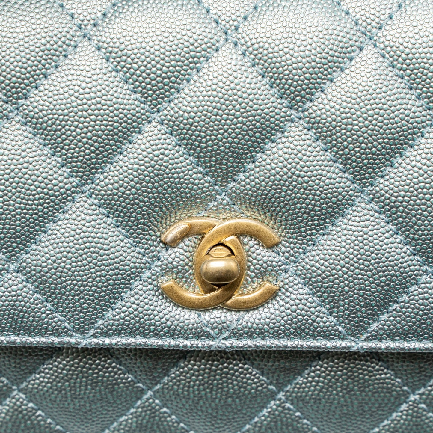 Chanel Small Coco Handle Caviar Metallic Light Blue Brushed  (Microchip)