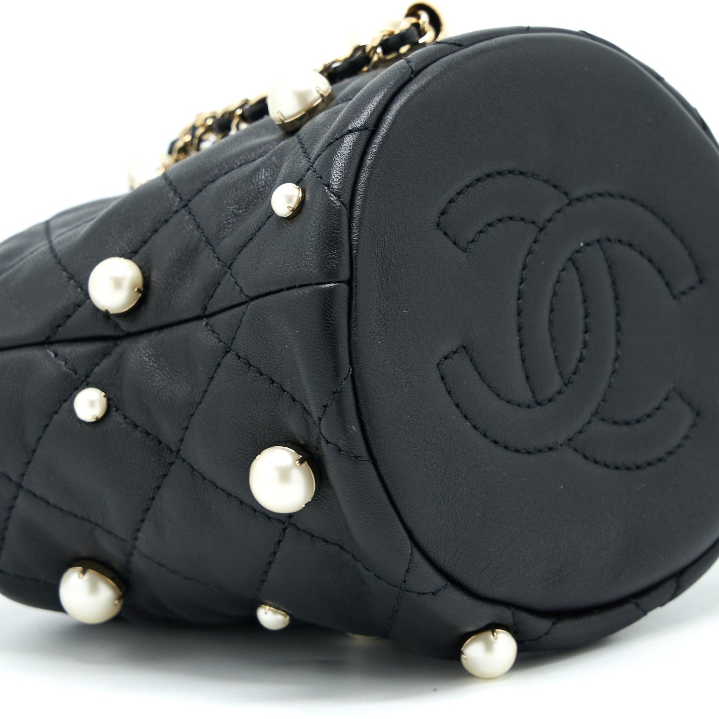 Chanel Mini Pearly Bucket Bag with Chain Lambskin Black L