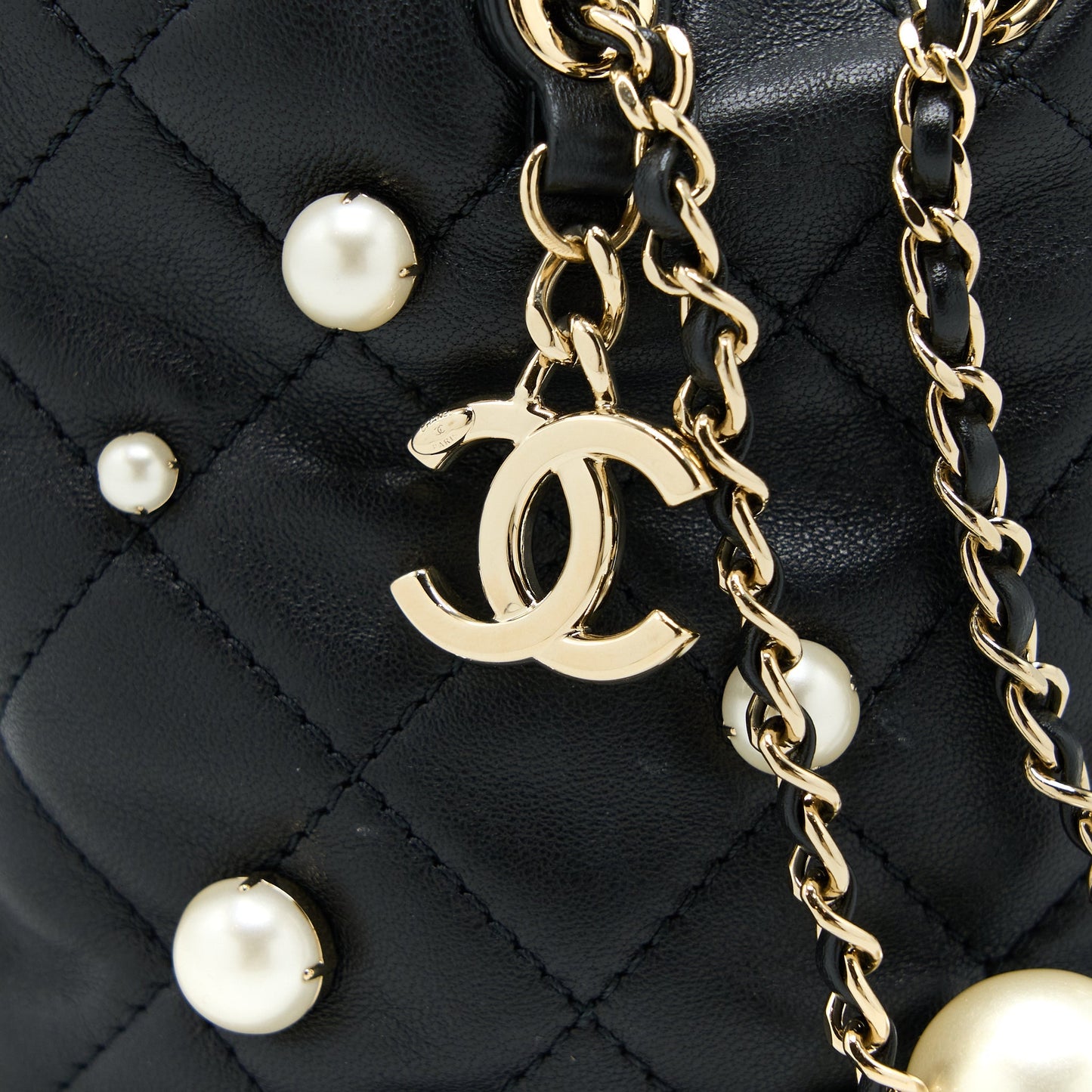 Chanel Mini Pearly Bucket Bag with Chain Lambskin Black L
