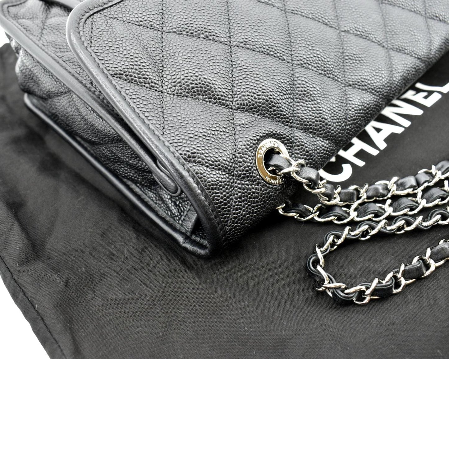 CHANEL Riviera Flap Large Quilted Caviar Leather Shoulder Bag Black