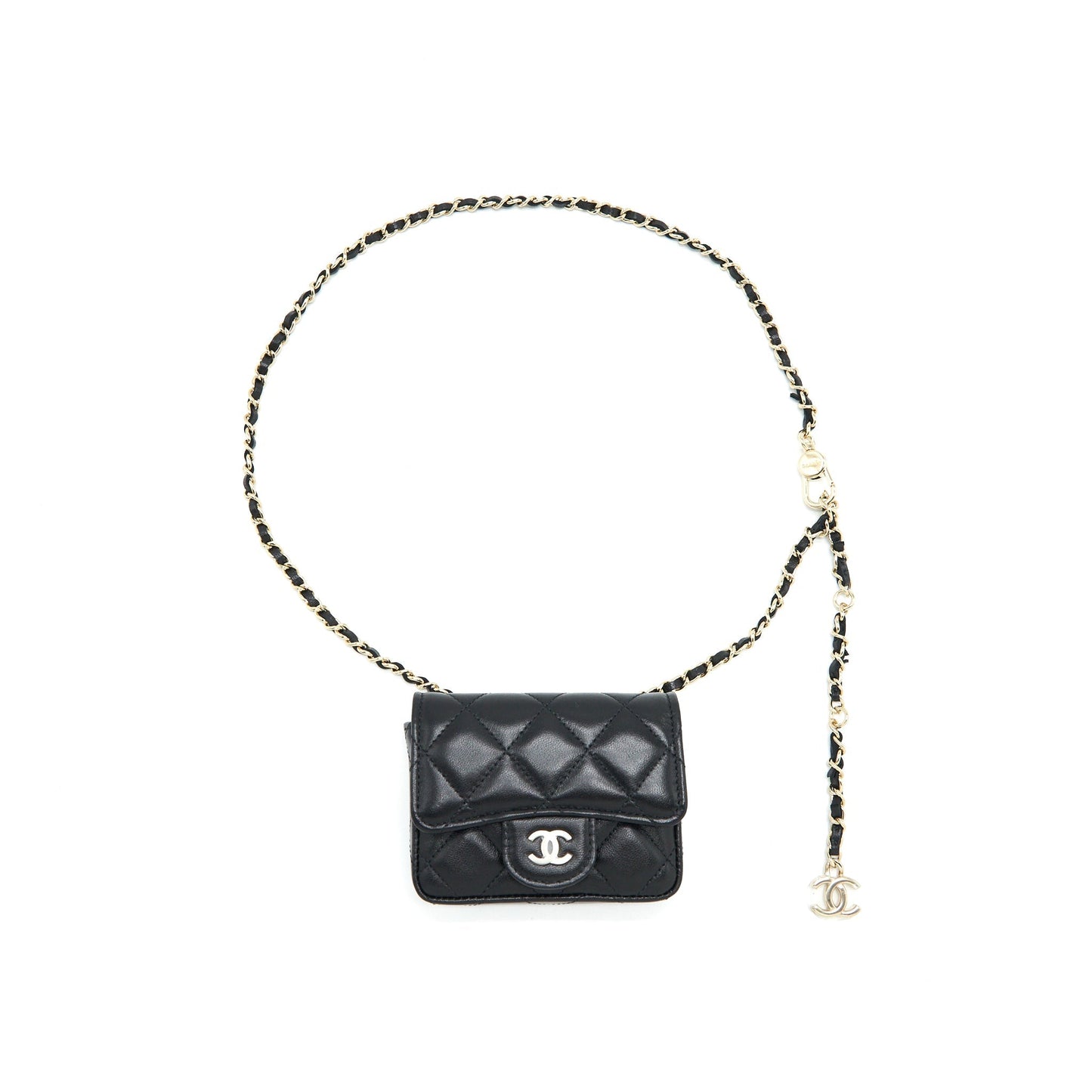 Chanel Flap Card Holder Belt Bag With Chain Lambskin Black L
