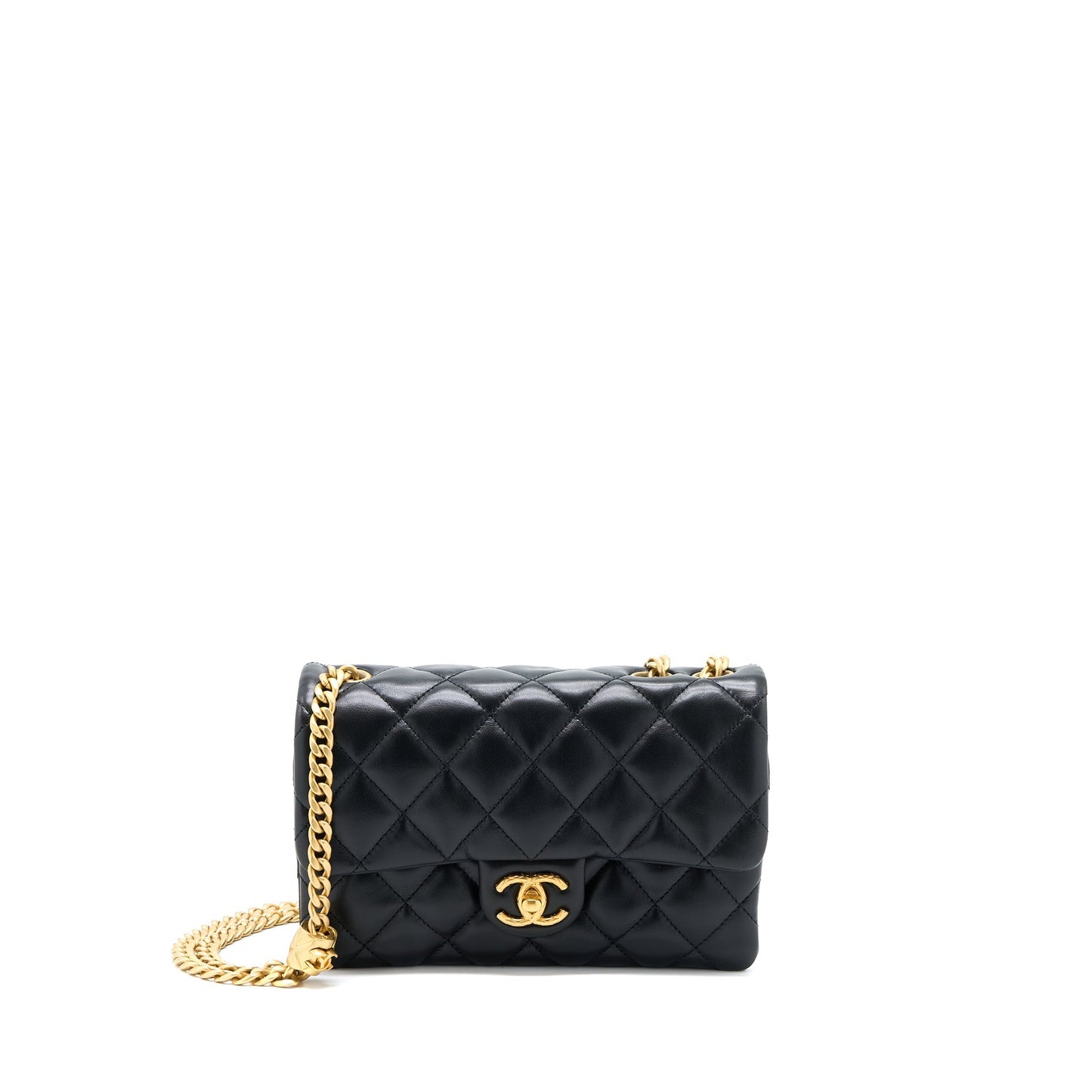 Chanel 22K Gold Pillar Adjustment Chain Flap Bag Lambskin Black  (Microchip)