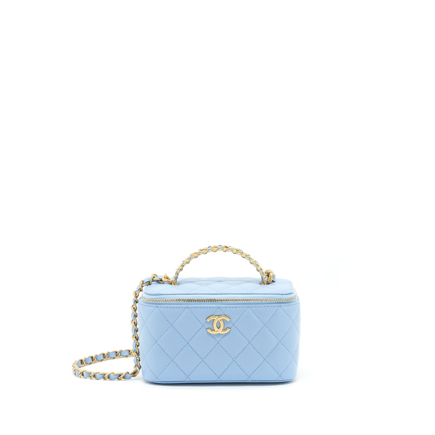 Chanel 22S Long Vanity Case With Letter Handle Caviar Light Blue