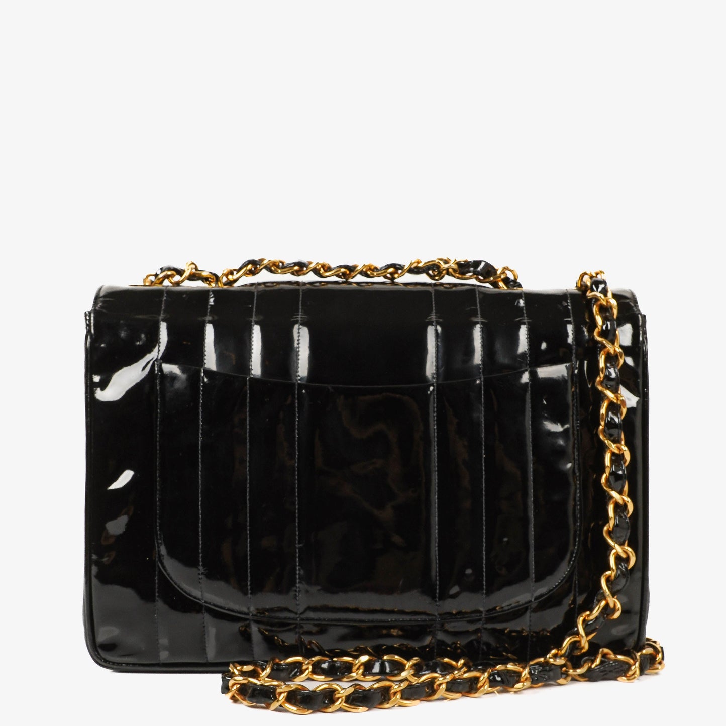 Chanel Jumbo CC Vertical Black Quilted Patent Leather Flap Bag 24K Gold-Plated Hardware