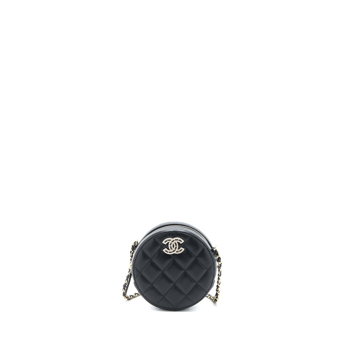 Chanel Crystal CC Logo Round Clutch with Chain Caviar Black L