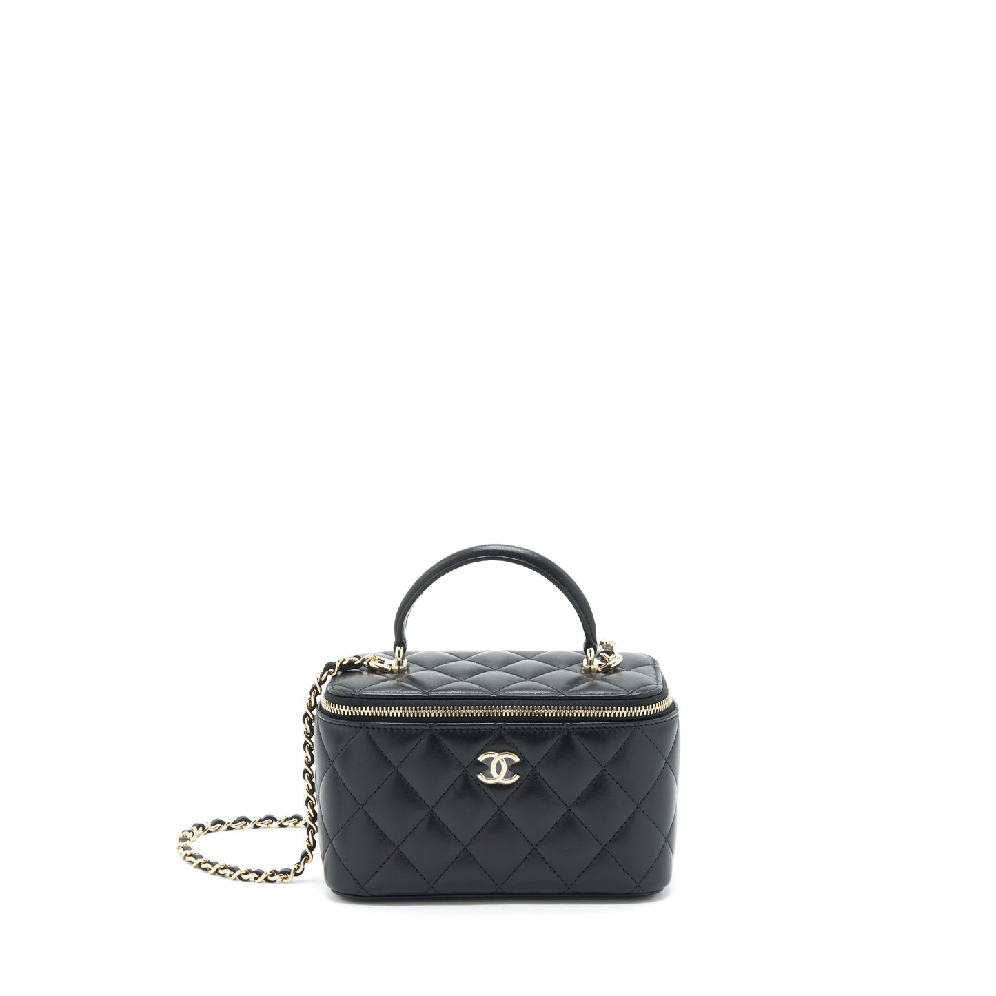 Chanel 22A Mini Top Handle Long Vanity With Chain Lambskin Black L (Microchip)