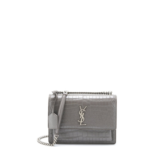 Saint Laurent Medium Sunset Chain Purse Crocodile-Embossed Calfskin Grey