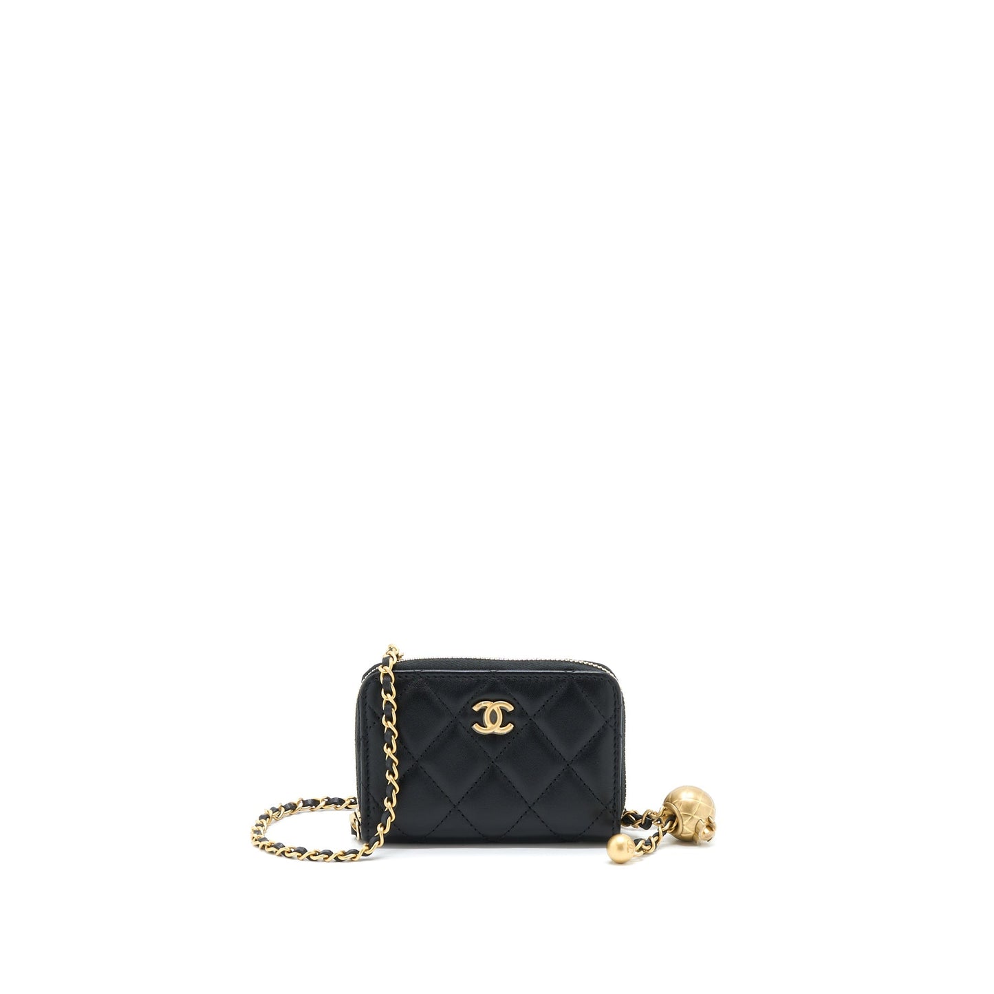 Chanel 22C Pearl Crush Card holder With Chain Lambskin Black