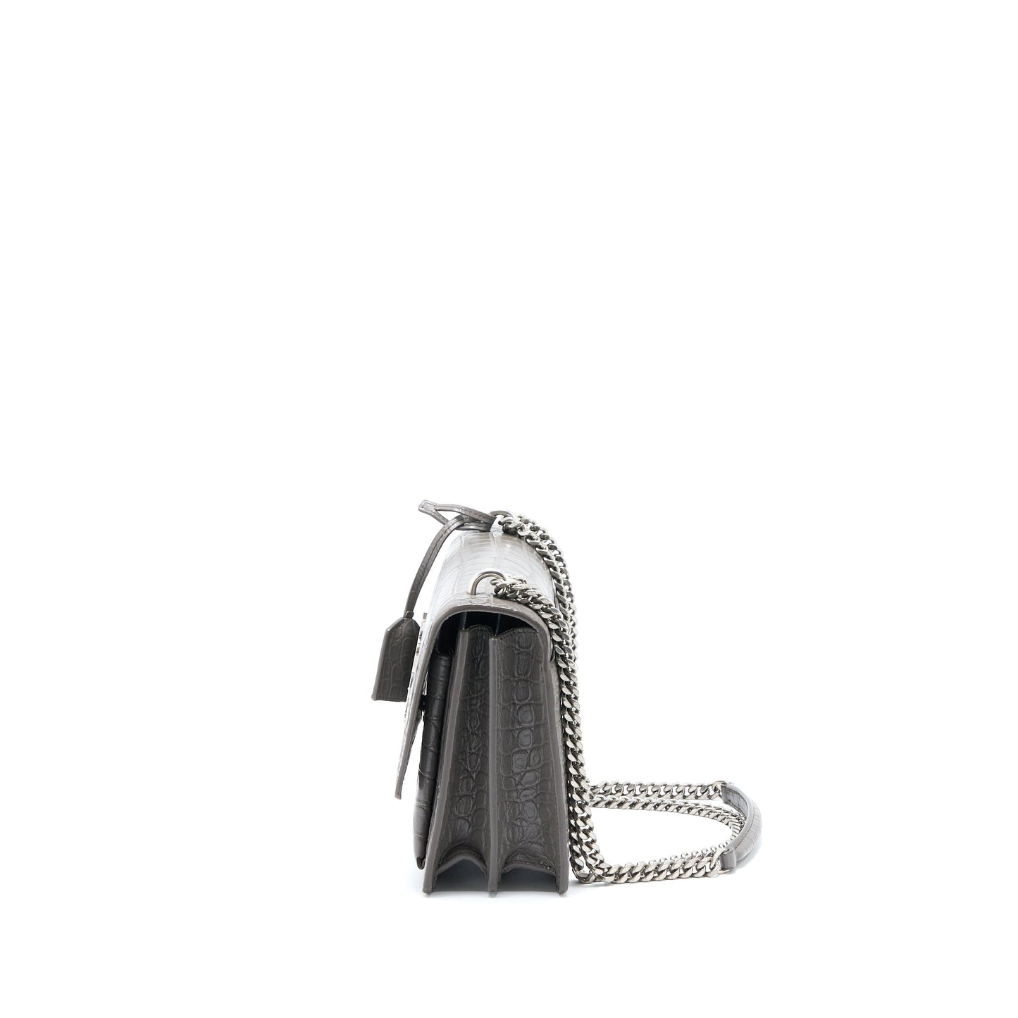 Saint Laurent Medium Sunset Chain Purse Crocodile-Embossed Calfskin Grey