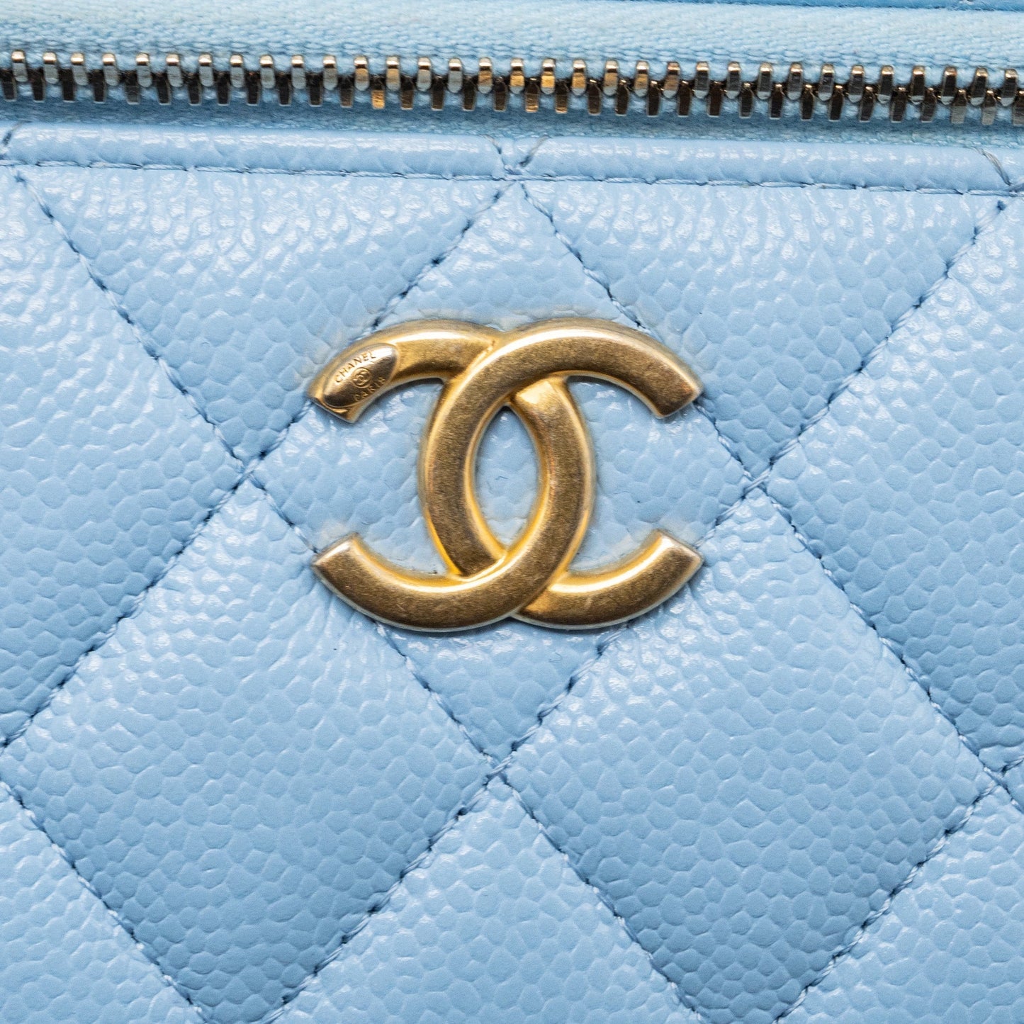 Chanel detailed top handle long vanity with chain caviar light blue