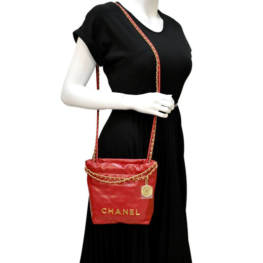 CHANEL 22 Mini Chain Shiny Calfskin Leather Shoulder Bag Red