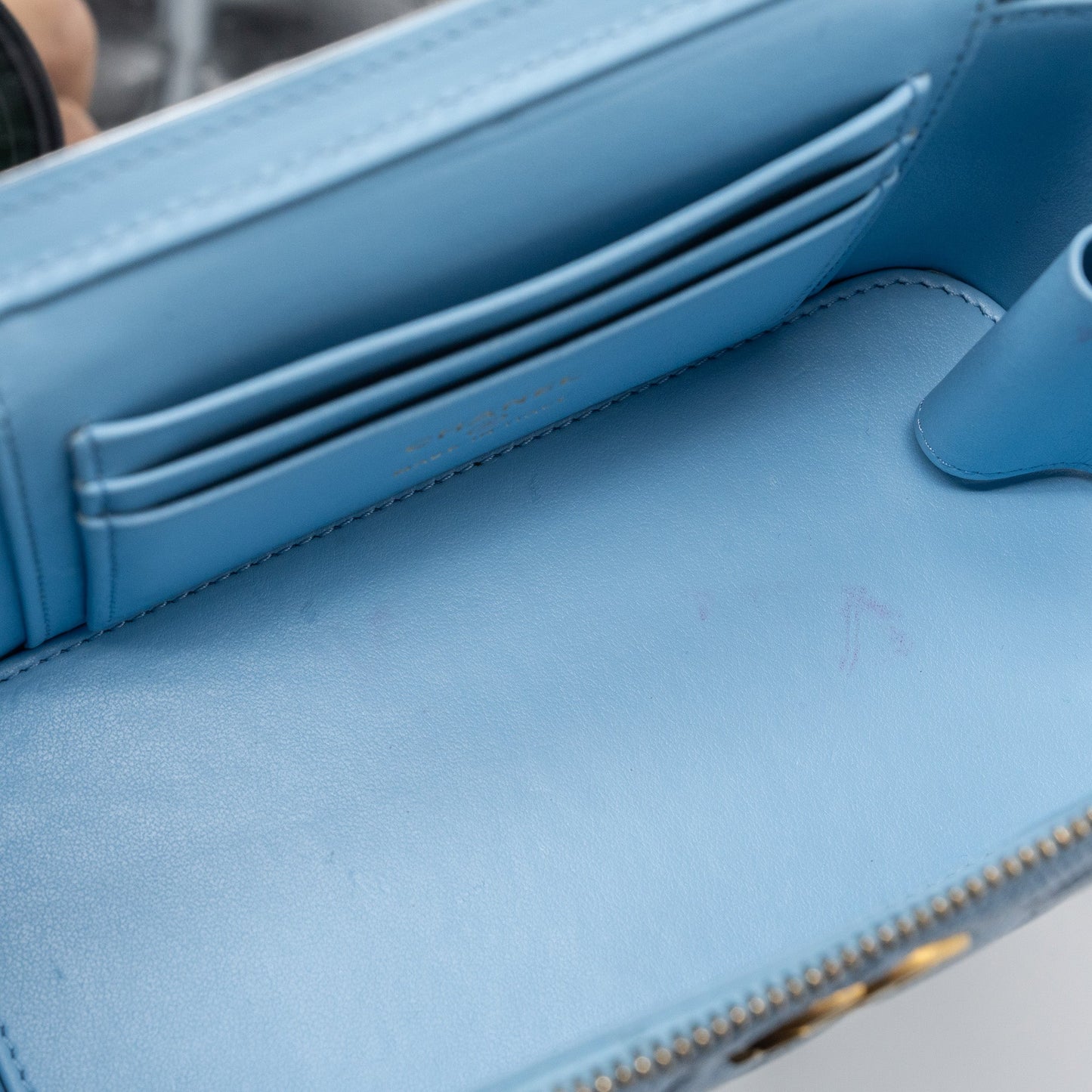 Chanel detailed top handle long vanity with chain caviar light blue