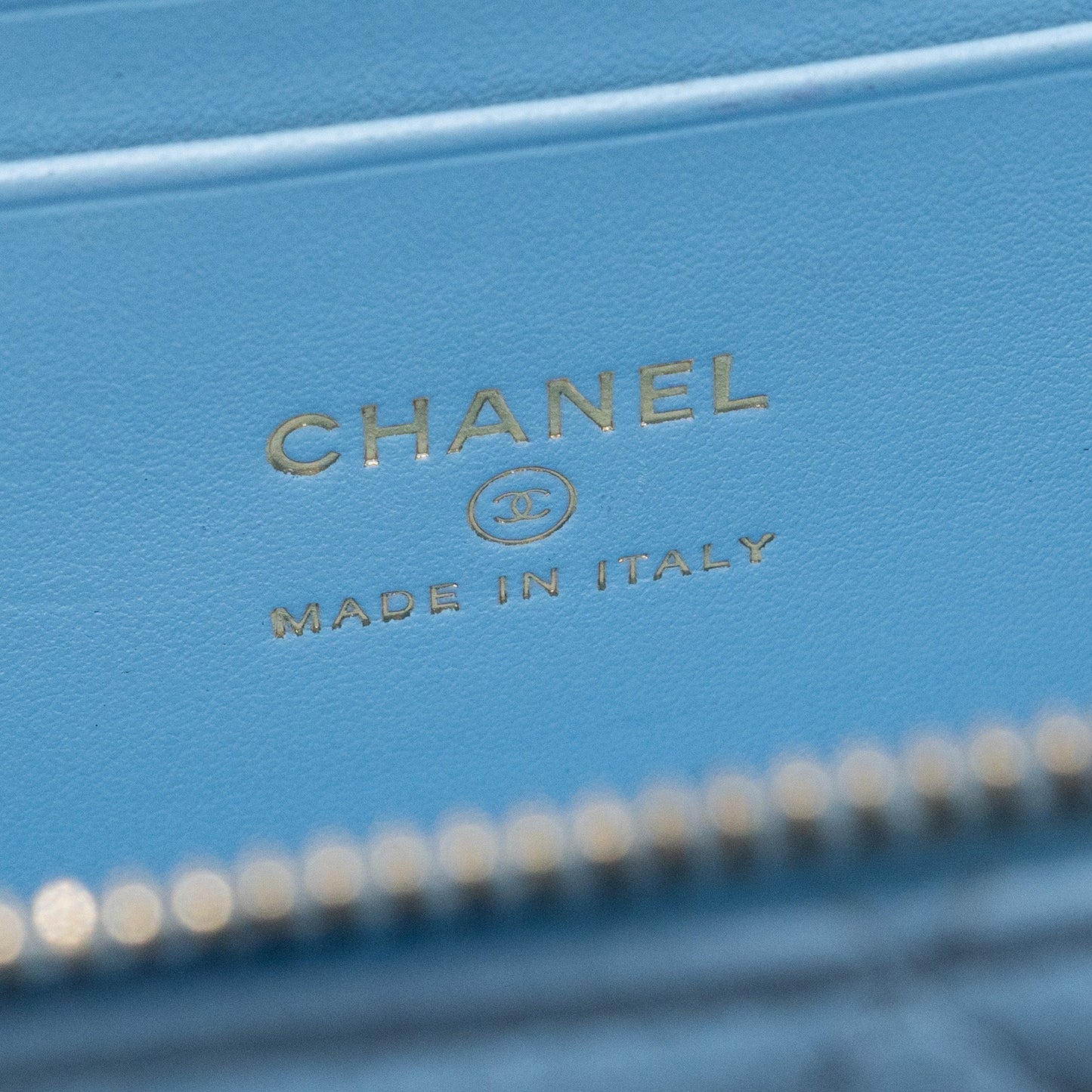Chanel detailed top handle long vanity with chain caviar light blue