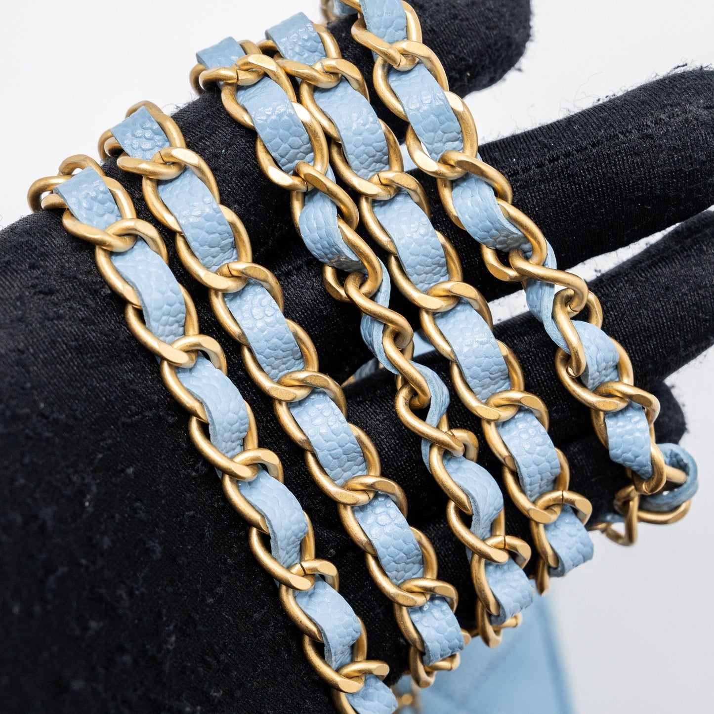 Chanel detailed top handle long vanity with chain caviar light blue