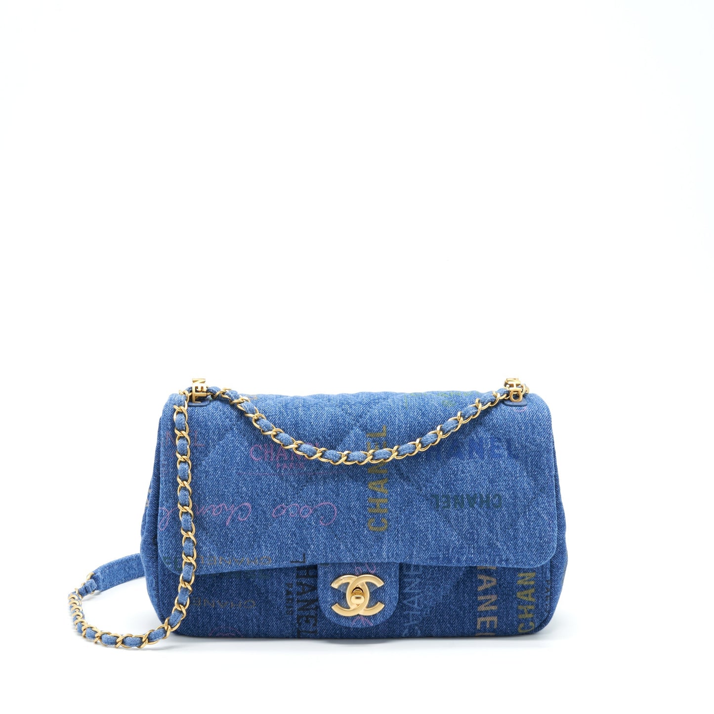 Chanel 22P Multicolor Denim Logo Flap Bag 28cm Blue