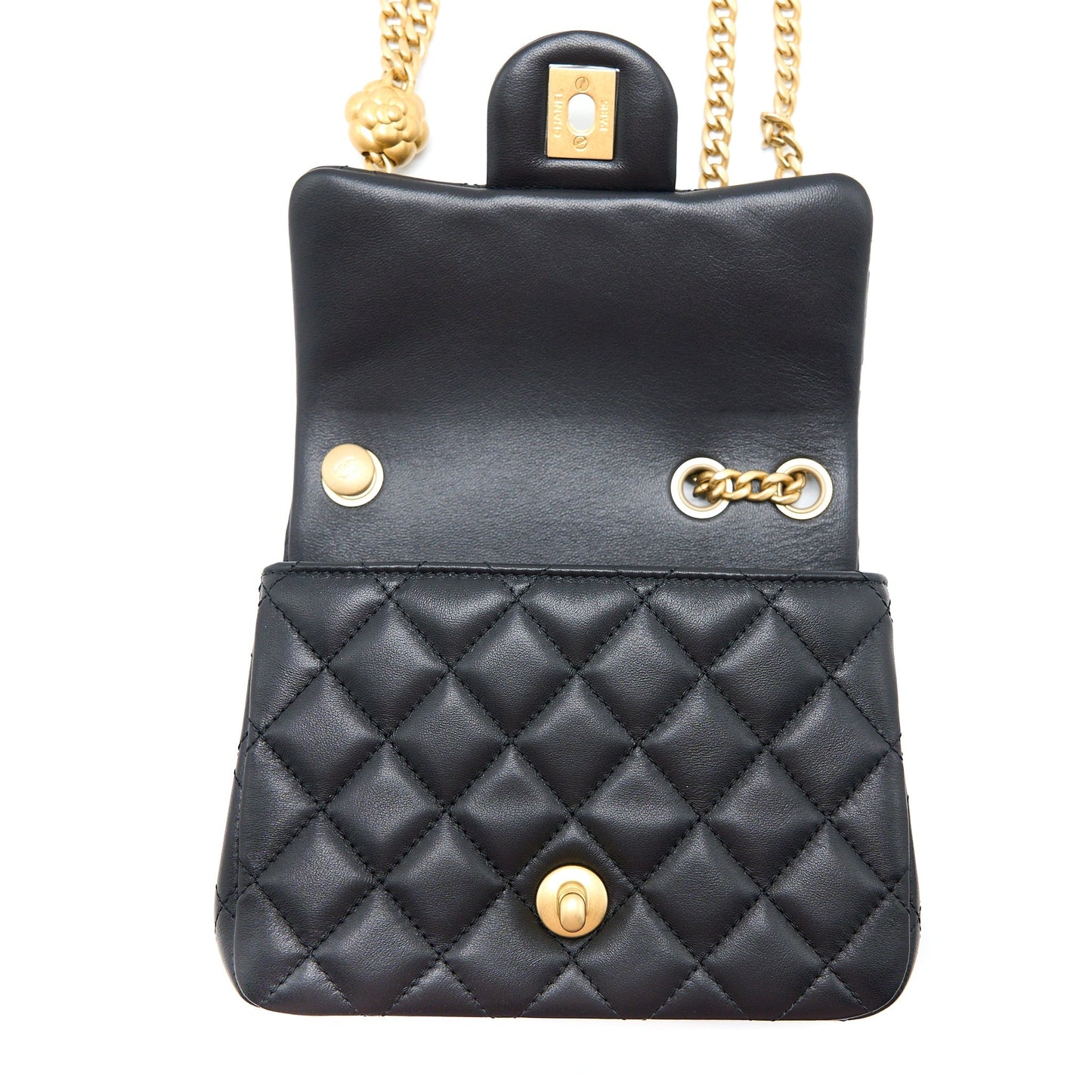 Chanel 23S Camellia Chain Mini Square Flap Bag Lambskin Black Brushed  (Microchip)