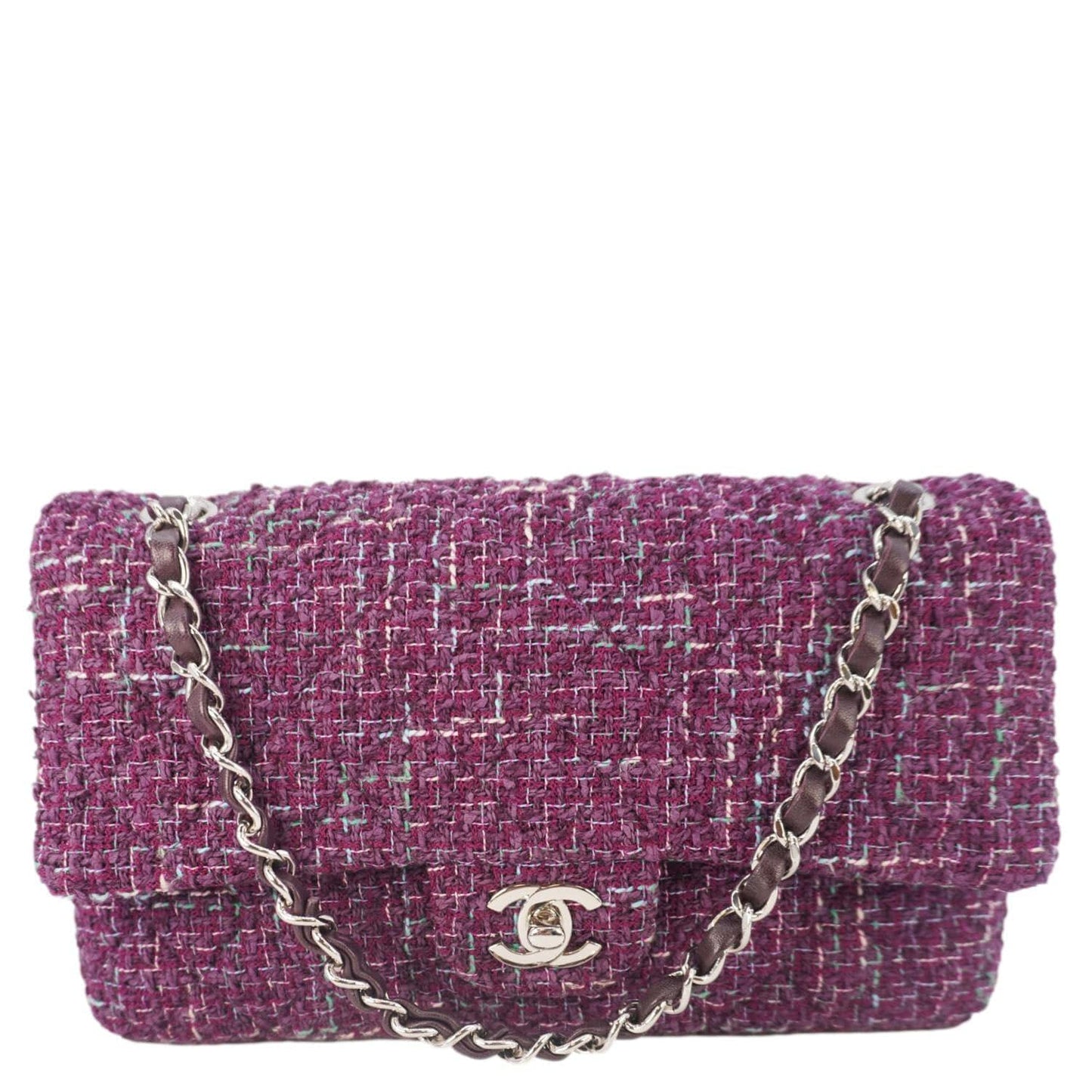 Chanel Classic Double Flap Tweed Medium Shoulder Bag Purple
