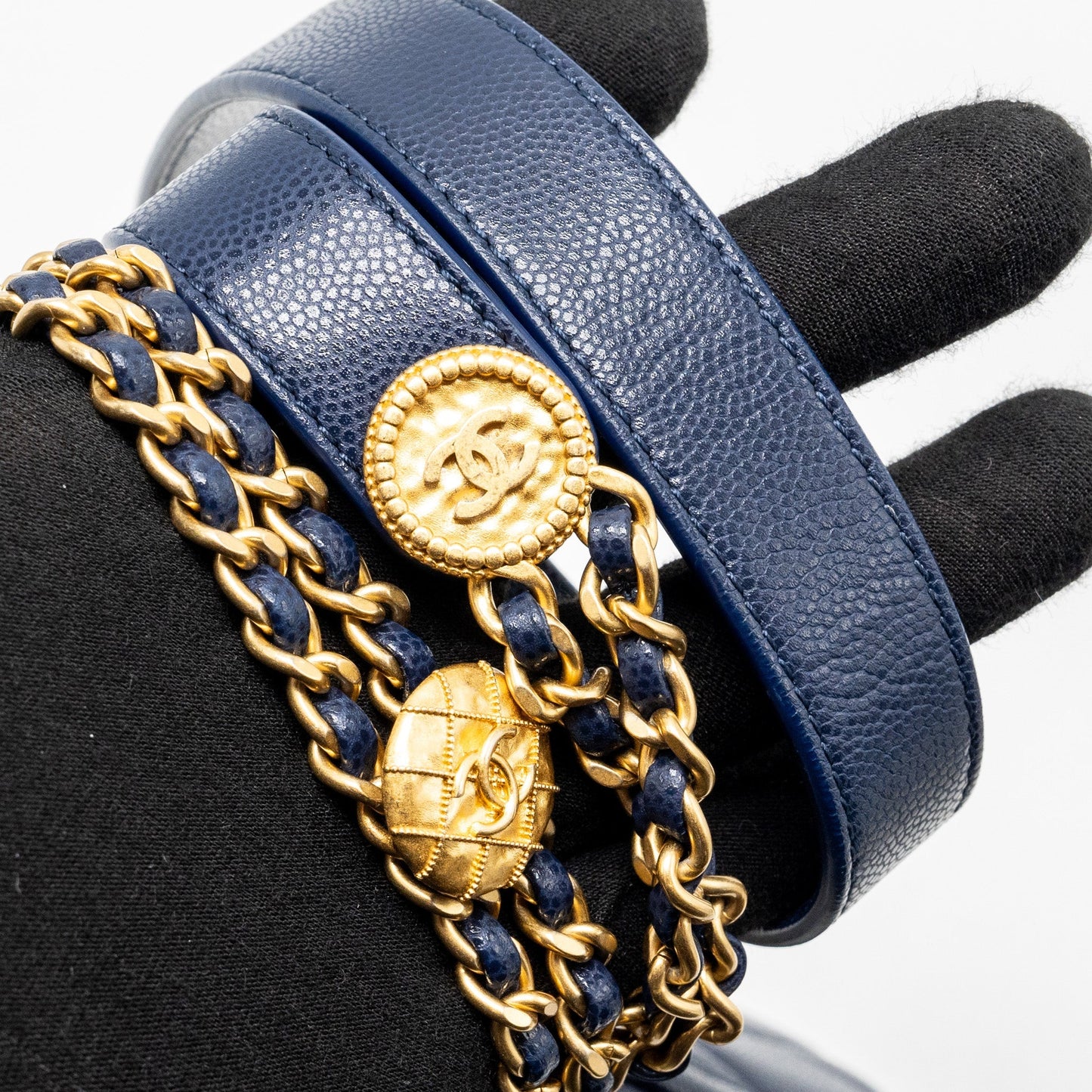 Chanel 22A Button On Chain Mini Square Flap Bag Caviar Navy  (Microchip)