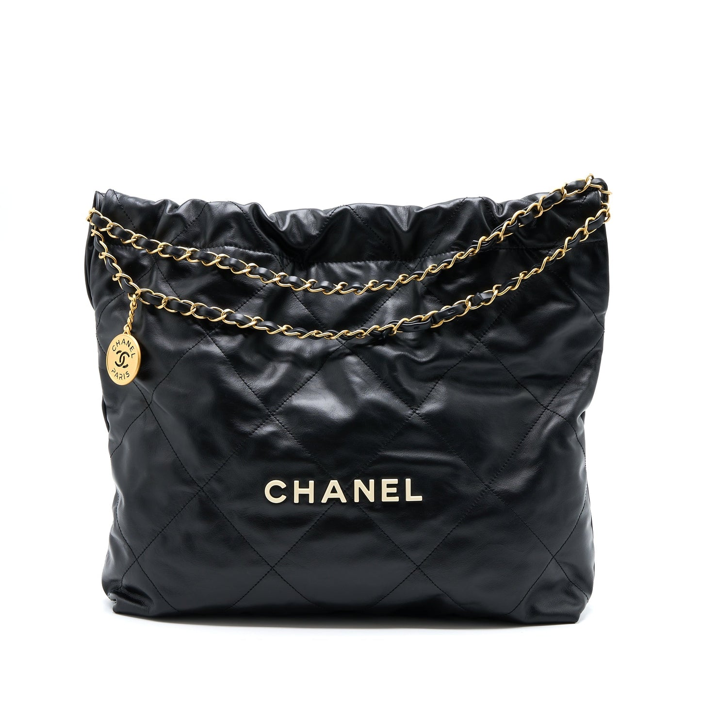 Chanel Medium 22 Bag White Letter Shiny Calfskin Black  (Microchip)