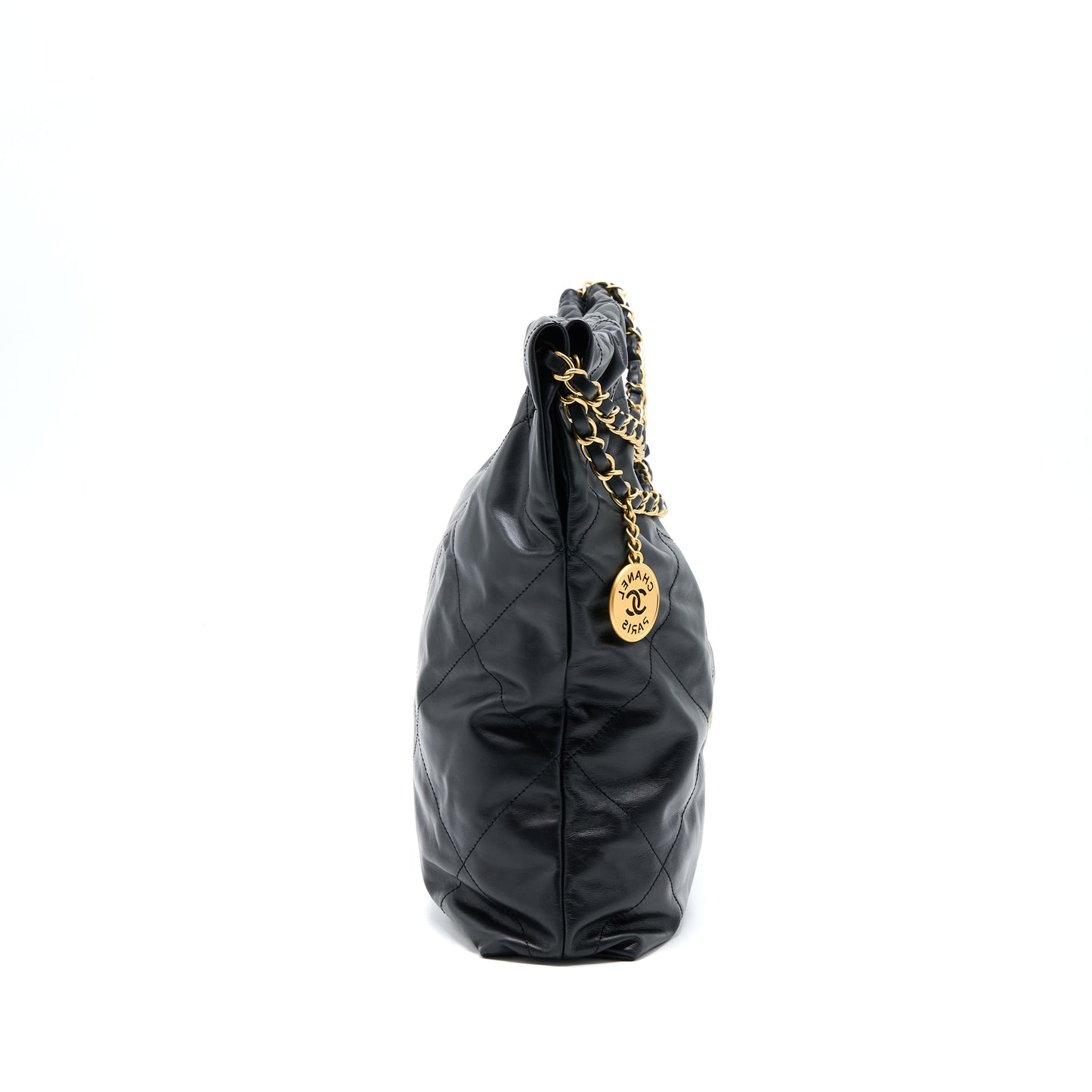 Chanel Medium 22 Bag White Letter Shiny Calfskin Black  (Microchip)