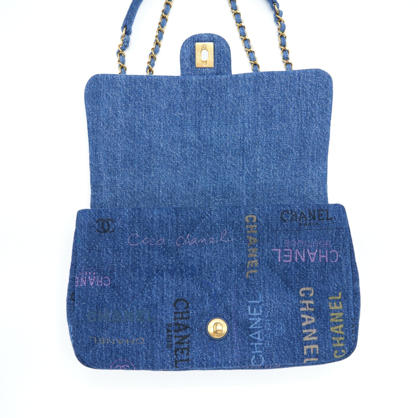 Chanel 22P Multicolor Denim Logo Flap Bag 28cm Blue