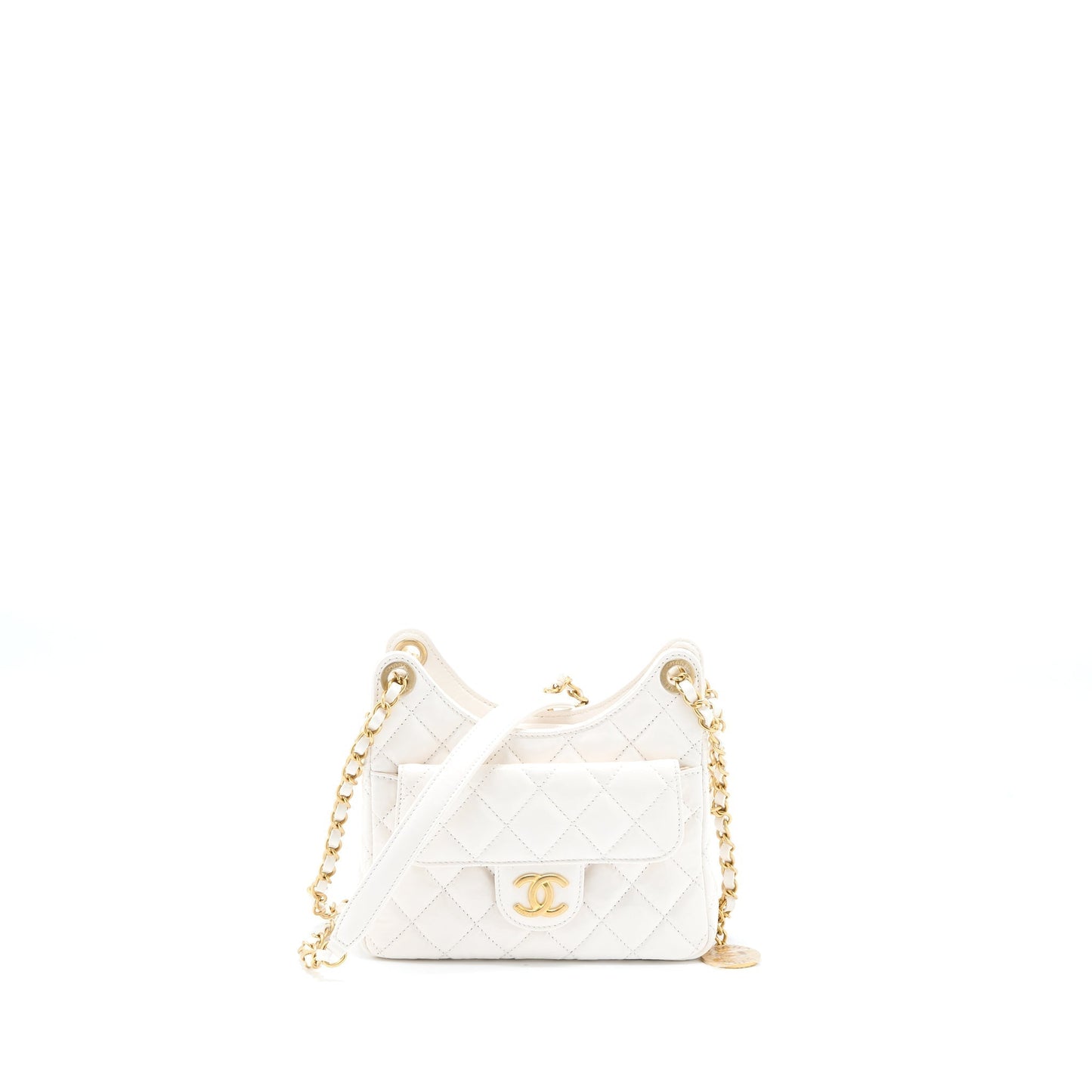 Chanel 23C Small Hobo Bag Shiny Calfskin White Brushed  (Microchip)