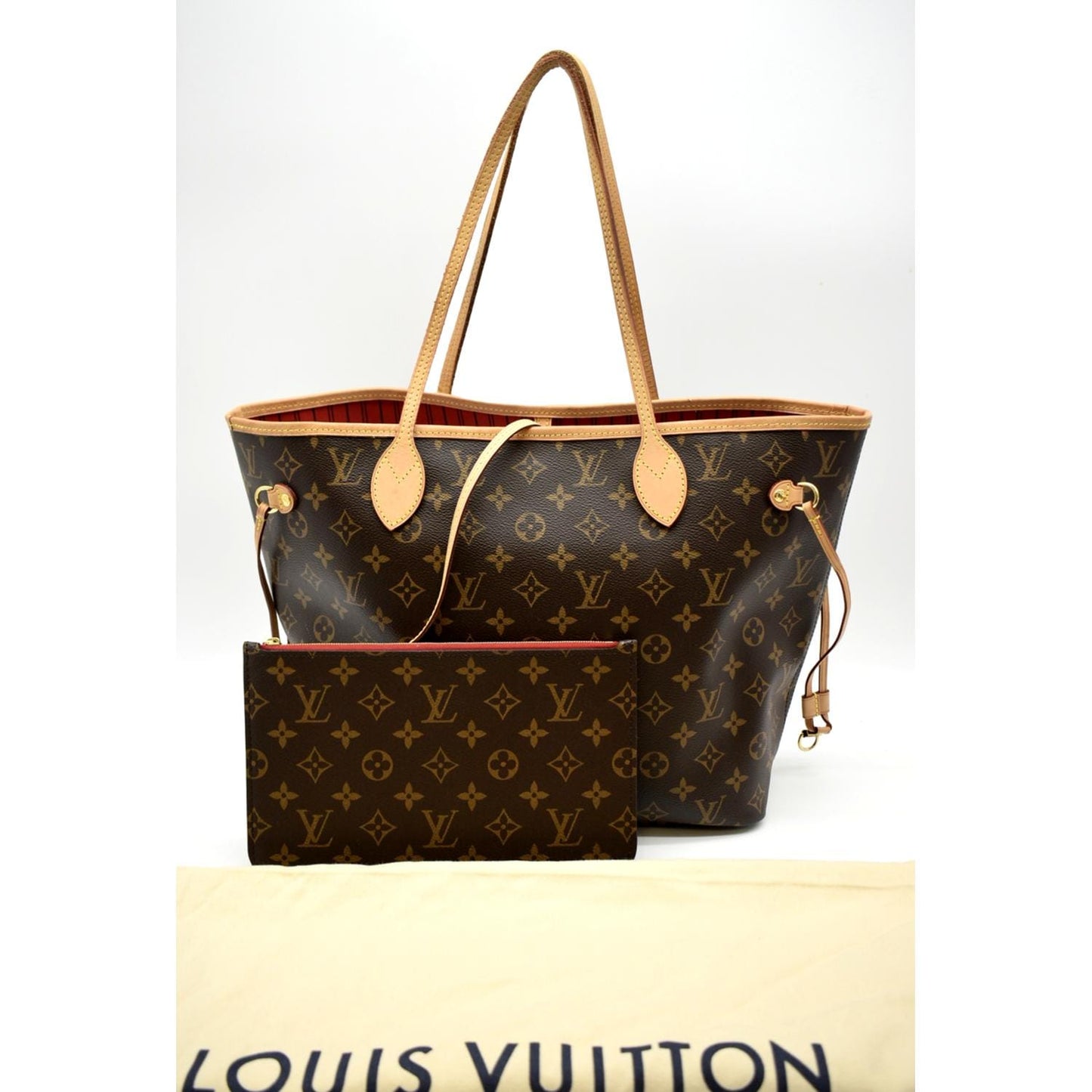 LOUIS VUITTON  Neverfull MM Monogram Canvas Tote Bag Brown/Red