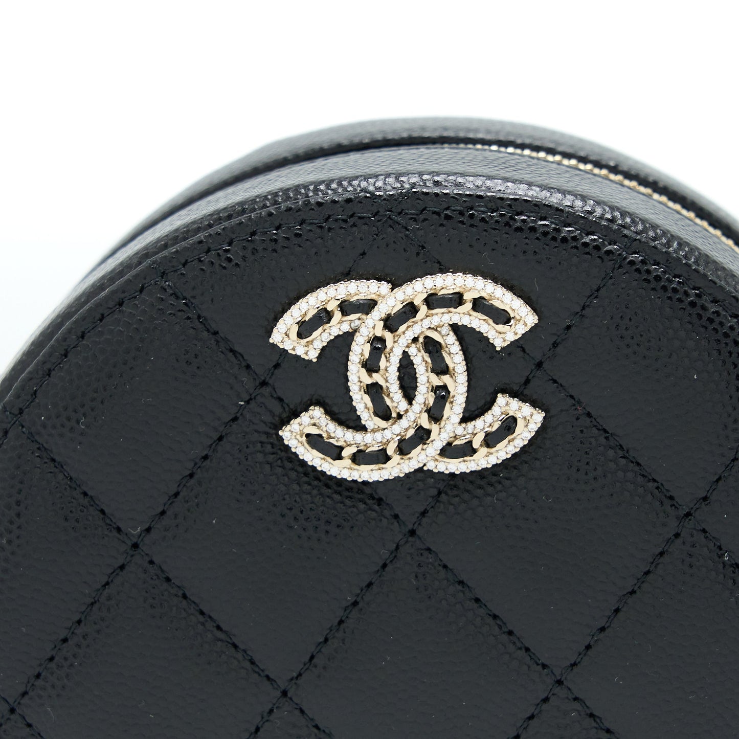 Chanel Crystal CC Logo Round Clutch with Chain Caviar Black L
